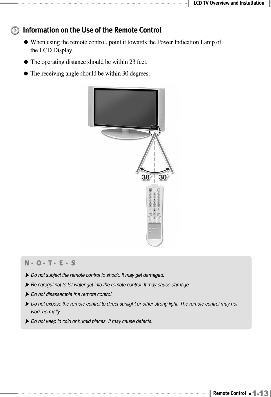 LCD TV Overview and InstallationInformation on the Use of the Remote Control●When using the remote control, point it towards the Power Indication Lamp ofthe LCD Display.●The operating distance should be within 23 feet.●The receiving angle should be within 30 degrees.N󳀏O󳀏T󳀏E 󳀏S ▶Do not subject the remote control to shock. It may get damaged.▶Be caregul not to let water get into the remote control. It may cause damage.▶Do not disassemble the remote control.▶Do not expose the remote control to direct sunlight or other strong light. The remote control may notwork normally.▶Do not keep in cold or humid places. It may cause defects.1-13Remote Control