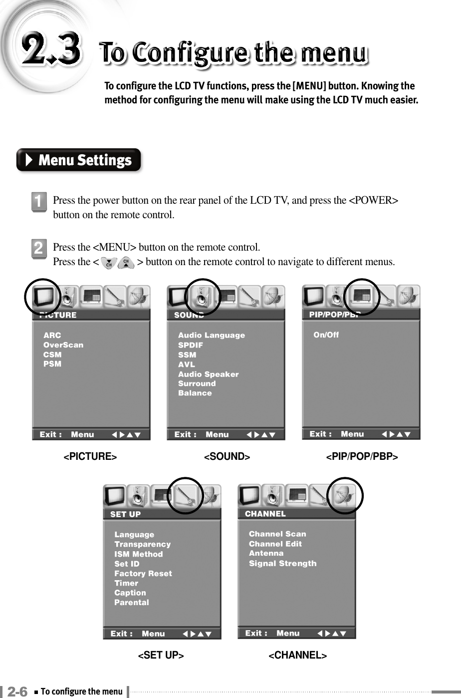 To configure the LCD TV functions, press the [MENU] button. Knowing themethod for configuring the menu will make using the LCD TV much easier.Menu SettingsPress the power button on the rear panel of the LCD TV, and press the &lt;POWER&gt;button on the remote control.1Press the &lt;MENU&gt; button on the remote control.Press the &lt;               &gt; button on the remote control to navigate to different menus.2&lt;PICTURE&gt; &lt;SOUND&gt; &lt;PIP/POP/PBP&gt;&lt;SET UP&gt; &lt;CHANNEL&gt;2-6 To configure the menu