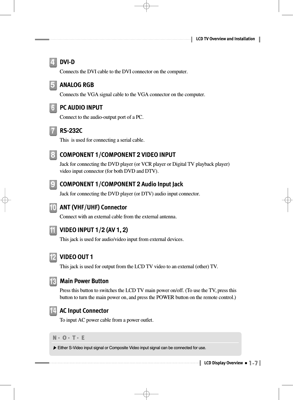1-7LCD Display OverviewLCD TV Overview and InstallationAC Input ConnectorTo input AC power cable from a power outlet. 14DVI-DConnects the DVI cable to the DVI connector on the computer.4ANALOG RGBConnects the VGA signal cable to the VGA connector on the computer.5COMPONENT 1/COMPONENT 2VIDEO INPUTJack for connecting the DVD player (or VCR player or Digital TV playback player)video input connector (for both DVD and DTV).8COMPONENT 1/COMPONENT 2Audio Input Jack Jack for connecting the DVD player (or DTV) audio input connector.9Main Power ButtonPress this button to switches the LCD TV main power on/off. (To use the TV, press thisbutton to turn the main power on, and press the POWER button on the remote control.)13ANT (VHF/UHF) ConnectorConnect with an external cable from the external antenna.10PC AUDIO INPUTConnect to the audio-output port of a PC.6RS-232CThis  is used for connecting a serial cable.7N󳀏O󳀏T󳀏E ▶Either S-Video input signal or Composite Video input signal can be connected for use.VIDEO INPUT 1/2(AV 1, 2)This jack is used for audio/video input from external devices.11VIDEO OUT 1This jack is used for output from the LCD TV video to an external (other) TV.12
