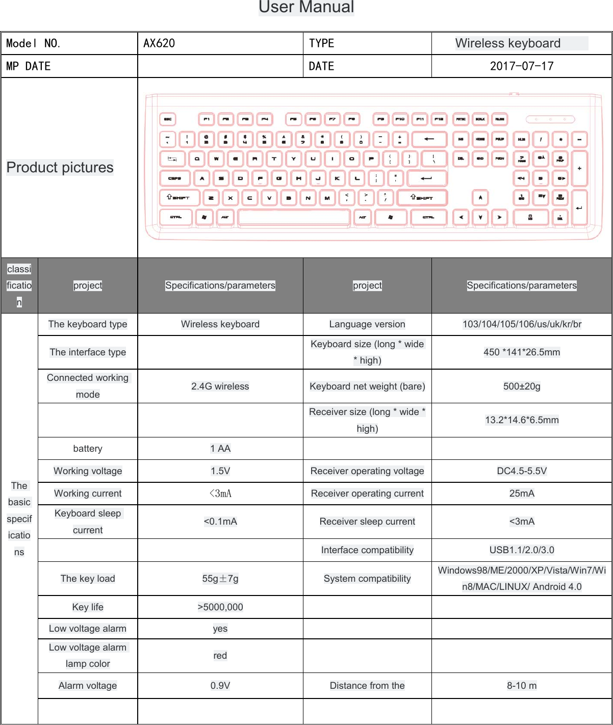 User Manual    Model NO.  AX620                        TYPE  Wireless keyboard MP DATE    DATE  2017-07-17 Product pictures  classification project Specifications/parameters project Specifications/parameters The basic specifications The keyboard type Wireless keyboard Language version 103/104/105/106/us/uk/kr/br The interface type  Keyboard size (long * wide * high) 450 *141*26.5mm Connected working mode 2.4G wireless Keyboard net weight (bare) 500±20g   Receiver size (long * wide * high) 13.2*14.6*6.5mm battery 1 AA    Working voltage 1.5V  Receiver operating voltage DC4.5-5.5V Working current &lt;3mA  Receiver operating current 25mA Keyboard sleep current &lt;0.1mA Receiver sleep current &lt;3mA   Interface compatibility USB1.1/2.0/3.0 The key load 55g±7g  System compatibility Windows98/ME/2000/XP/Vista/Win7/Win8/MAC/LINUX/ Android 4.0 Key life &gt;5000,000   Low voltage alarm yes   Low voltage alarm lamp color red   Alarm voltage 0.9V  Distance from the 8-10 m     
