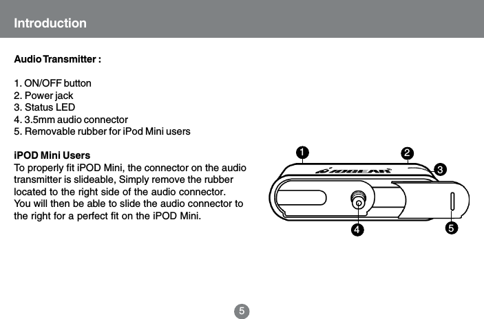 IntroductionAudio Transmitter  :1. ON/OFF button2. Power jack3. Status LED4. 3.5mm audio connector5. Removable rubber for iPod Mini usersiPOD Mini UsersTo properly fit iPOD Mini, the connector on the audiotransmitter is slideable, Simply remove the rubberlocated to the right side of the audio connector.You will then be able to slide the audio connector tothe right for a perfect fit on the iPOD Mini.521453