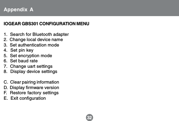 32IOGEAR GBS301 CONFIGURATION MENU1.  Search for Bluetooth adapter2.  Change local device name3.  Set authentication mode4.  Set pin key5.  Set encryption mode6.  Set baud rate7.  Change uart settings8.  Display device settingsC.  Clear pairing informationD.  Display firmware versionF.  Restore factory settingsE.  Exit configurationAppendix A