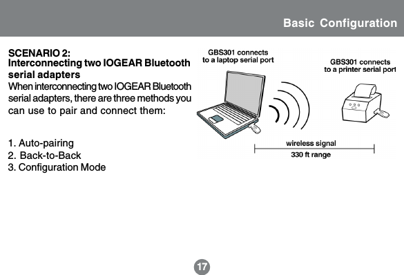 171. Auto-pairing2. Back-to-Back3. Configuration ModeInterconnecting two IOGEAR Bluetoothserial adaptersBasic ConfigurationSCENARIO 2:When interconnecting two IOGEAR Bluetoothserial adapters, there are three methods youcan use to pair and connect them: