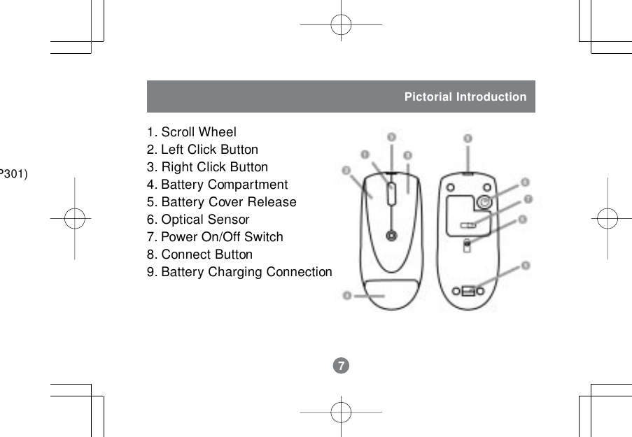 7Pictorial Introduction1. Scroll Wheel2. Left Click Button3. Right Click Button4. Battery Compartment5. Battery Cover Release6. Optical Sensor7. Power On/Off Switch8. Connect Button9. Battery Charging Connection7P301)