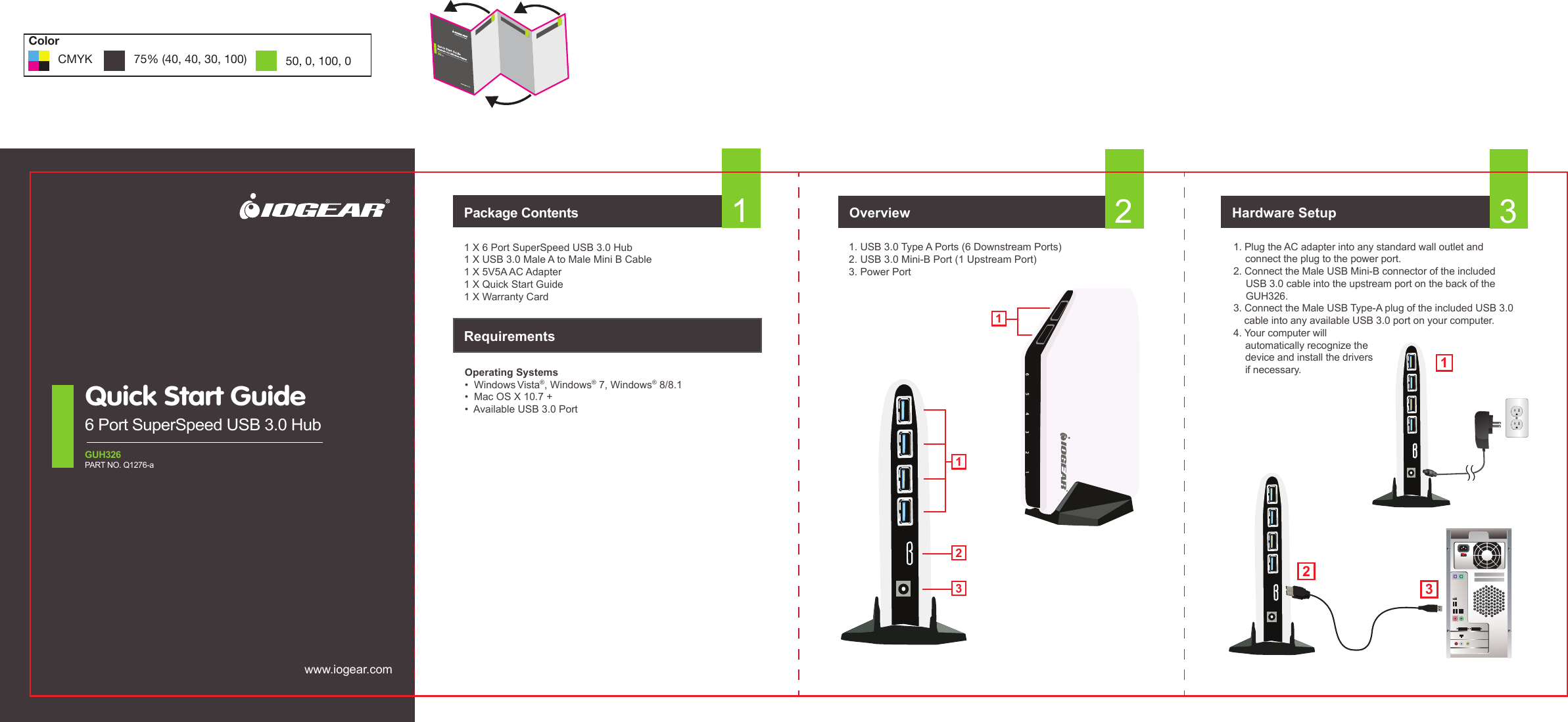 16 Port SuperSpeed USB 3.0 HubQuick Start GuideGUH326PART NO. Q1276-awww.iogear.comRequirementsPackage ContentsOperating Systems&bull;  Windows Vista&reg;, Windows&reg; 7, Windows&reg; 8/8.1&bull;  Mac OS X 10.7 +&bull;  Available USB 3.0 PortOverview1. USB 3.0 Type A Ports (6 Downstream Ports)2. USB 3.0 Mini-B Port (1 Upstream Port)3. Power Port1 X 6 Port SuperSpeed USB 3.0 Hub1 X USB 3.0 Male A to Male Mini B Cable1 X 5V5A AC Adapter1 X Quick Start Guide1 X Warranty CardHardware Setup1. Plug the AC adapter into any standard wall outlet and    connect the plug to the power port.2. Connect the Male USB Mini-B connector of the included   USB 3.0 cable into the upstream port on the back of the    GUH326.3. Connect the Male USB Type-A plug of the included USB 3.0    cable into any available USB 3.0 port on your computer.4. Your computer will   automatically recognize the   device and install the drivers   if necessary. 123123SS236 5 4 3 2 11ColorCMYK 50, 0, 100, 075% (40, 40, 30, 100)