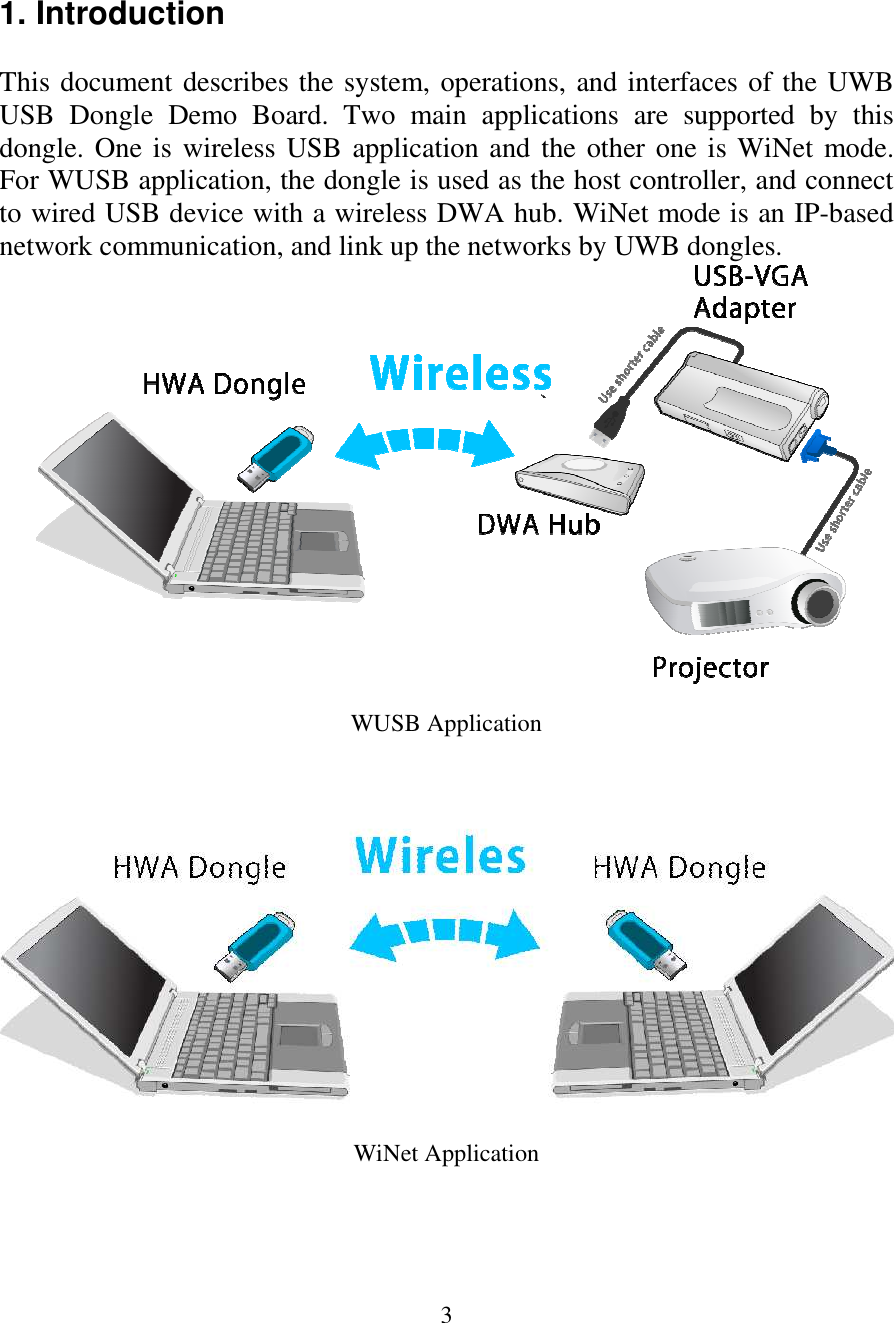  3  1. Introduction  This document describes the system, operations, and interfaces of the UWB USB  Dongle  Demo  Board.  Two  main  applications  are  supported  by  this dongle. One is  wireless USB application and the other one is WiNet mode. For WUSB application, the dongle is used as the host controller, and connect to wired USB device with a wireless DWA hub. WiNet mode is an IP-based network communication, and link up the networks by UWB dongles.                 WUSB Application WiNet Application     