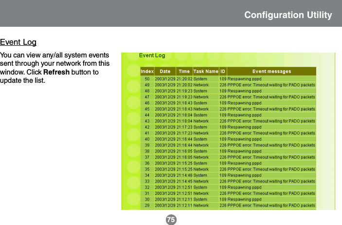 75Event LogYou can view any/all system eventssent through your network from thiswindow. Click Refresh button toupdate the list.Configuration Utility