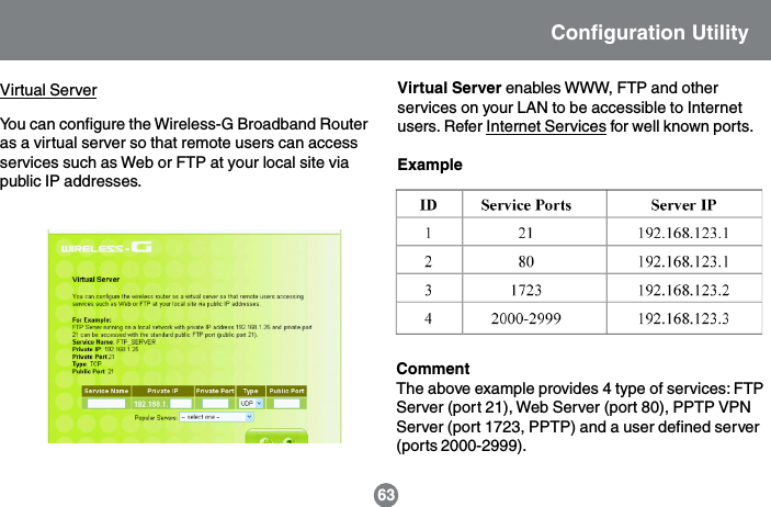 You can configure the Wireless-G Broadband Routeras a virtual server so that remote users can accessservices such as Web or FTP at your local site viapublic IP addresses.Virtual Server enables WWW, FTP and otherservices on your LAN to be accessible to Internetusers. Refer Internet Services for well known ports.ExampleCommentThe above example provides 4 type of services: FTPServer (port 21), Web Server (port 80), PPTP VPNServer (port 1723, PPTP) and a user defined server(ports 2000-2999).63Virtual ServerConfiguration Utility