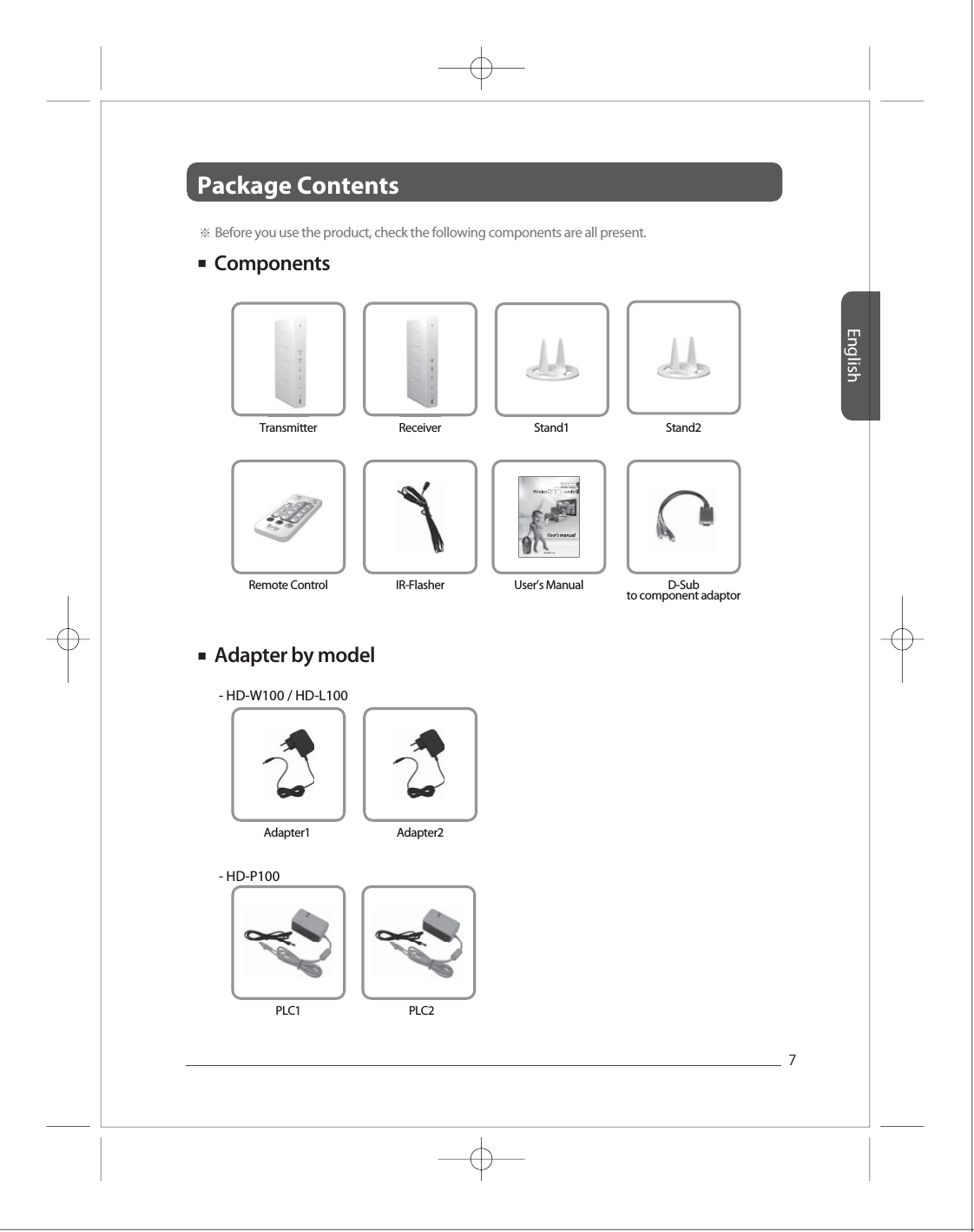 Package Contents English7Full HD Full HD Full HD Full HD Full HD ■ ※ Before you use the product, check the following components are all present.Transmitter Receiver Stand1 Stand2■ Adapter1 Adapter2Components Adapter by modelPLC1 PLC2Remote Control IR-Flasher- HD-W100 / HD-L100- HD-P100 User&rsquo;s Manual D-Subto component adaptor