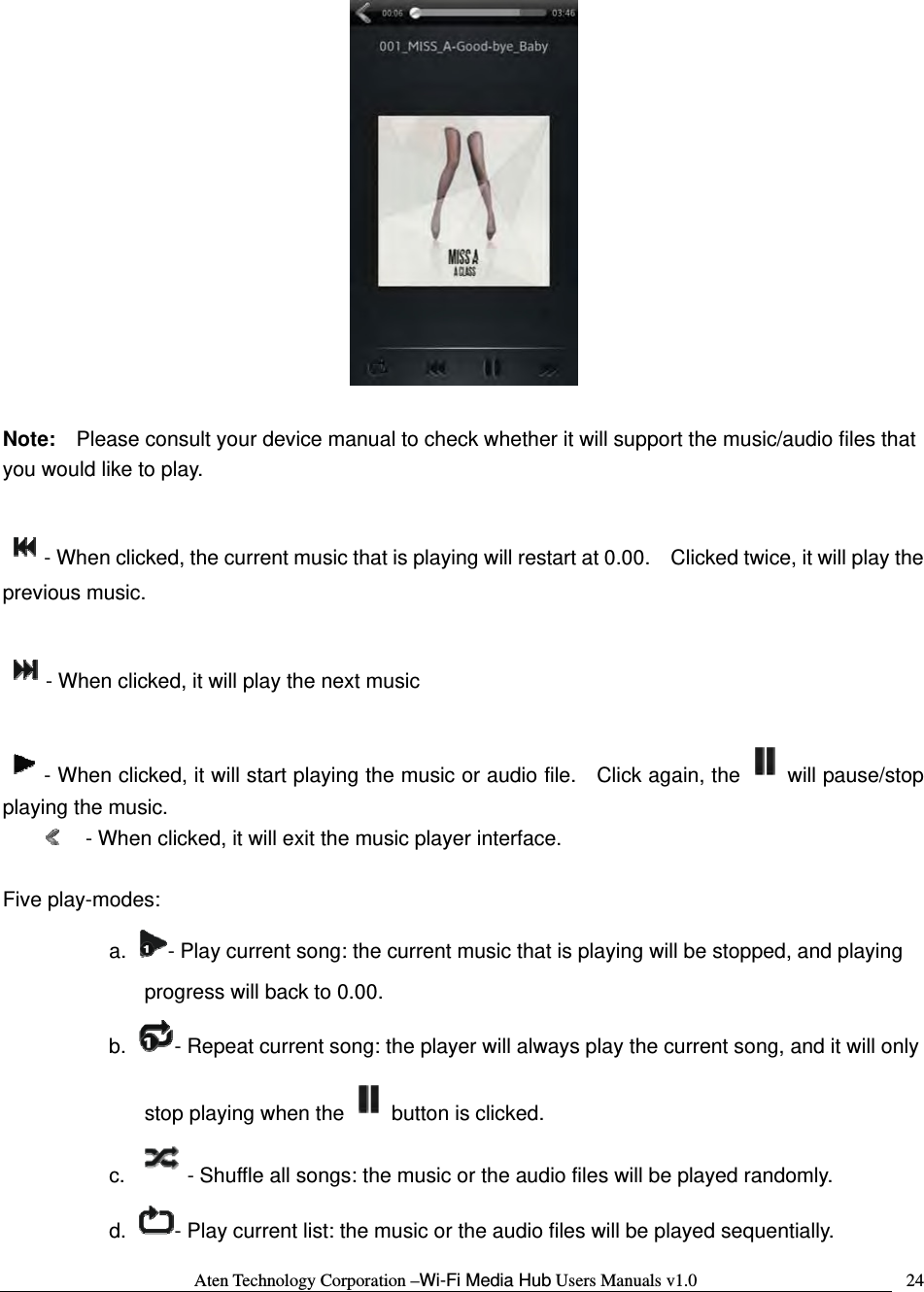 Aten Technology Corporation &ndash;Wi-Fi Media Hub Users Manuals v1.0  24  Note:  Please consult your device manual to check whether it will support the music/audio files that you would like to play.    - When clicked, the current music that is playing will restart at 0.00.    Clicked twice, it will play the previous music.    - When clicked, it will play the next music    - When clicked, it will start playing the music or audio file.    Click again, the will pause/stop playing the music.   - When clicked, it will exit the music player interface.    Five play-modes: a.  - Play current song: the current music that is playing will be stopped, and playing progress will back to 0.00. b.  - Repeat current song: the player will always play the current song, and it will only stop playing when the button is clicked. c.   - Shuffle all songs: the music or the audio files will be played randomly. d.  - Play current list: the music or the audio files will be played sequentially. 