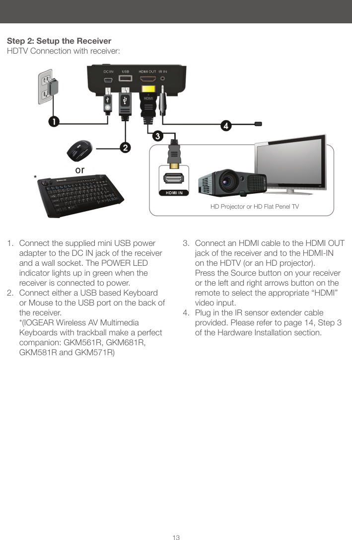13Step 2: Setup the ReceiverHDTV Connection with receiver:1.  Connect the supplied mini USB power adapter to the DC IN jack of the receiver and a wall socket. The POWER LED indicator lights up in green when the receiver is connected to power.2.  Connect either a USB based Keyboard or Mouse to the USB port on the back of the receiver.   *(IOGEAR Wireless AV Multimedia Keyboards with trackball make a perfect companion: GKM561R, GKM681R, GKM581R and GKM571R) 3.  Connect an HDMI cable to the HDMI OUT jack of the receiver and to the HDMI-IN on the HDTV (or an HD projector).  Press the Source button on your receiver or the left and right arrows button on the remote to select the appropriate &ldquo;HDMI&rdquo; video input.4.  Plug in the IR sensor extender cable provided. Please refer to page 14, Step 3 of the Hardware Installation section. HD Projector or HD Flat Penel TV*