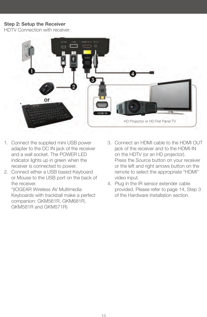 13Step 2: Setup the ReceiverHDTV Connection with receiver:1.  Connect the supplied mini USB power adapter to the DC IN jack of the receiver and a wall socket. The POWER LED indicator lights up in green when the receiver is connected to power.2.  Connect either a USB based Keyboard or Mouse to the USB port on the back of the receiver.   *(IOGEAR Wireless AV Multimedia Keyboards with trackball make a perfect companion: GKM561R, GKM681R, GKM581R and GKM571R) 3.  Connect an HDMI cable to the HDMI OUT jack of the receiver and to the HDMI-IN on the HDTV (or an HD projector).  Press the Source button on your receiver or the left and right arrows button on the remote to select the appropriate &ldquo;HDMI&rdquo; video input.4.  Plug in the IR sensor extender cable provided. Please refer to page 14, Step 3 of the Hardware Installation section. HD Projector or HD Flat Panel TV*
