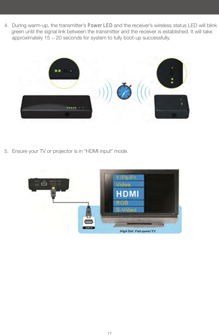 174.  During warm-up, the transmitter&rsquo;s Power LED and the receiver&rsquo;s wireless status LED will blink      green until the signal link between the transmitter and the receiver is established. It will take  approximately 15 ~ 20 seconds for system to fully boot-up successfully.5.  Ensure your TV or projector is in &ldquo;HDMI input&rdquo; mode.