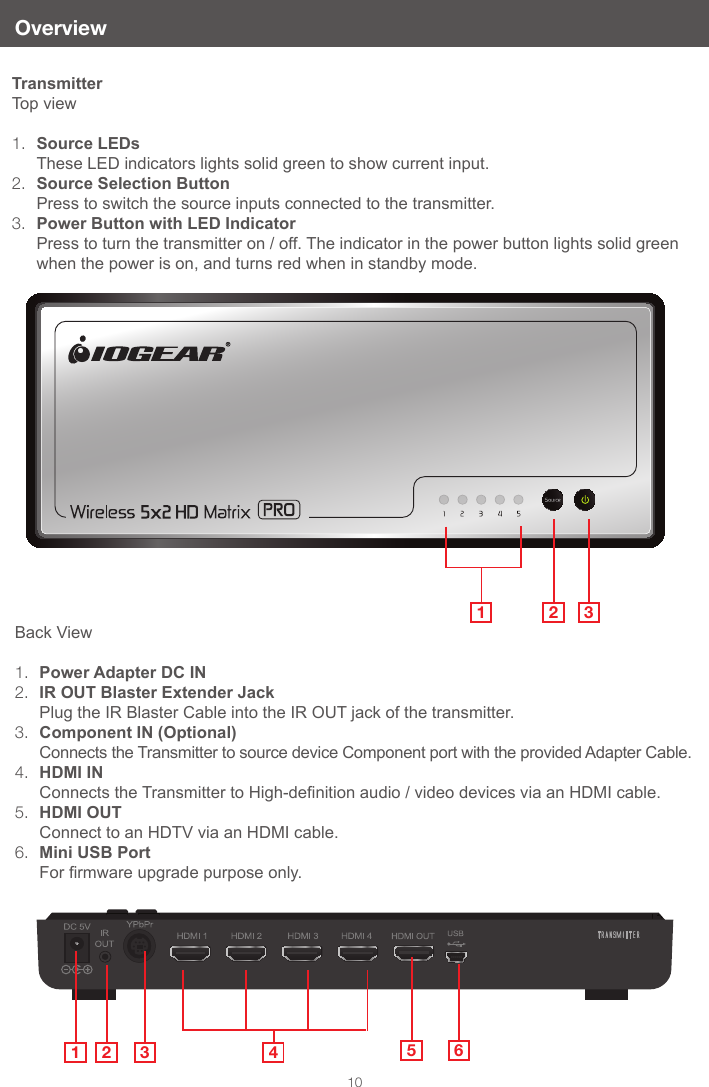 10OverviewTransmitterTop view1.  Source LEDs                                                                                                                   These LED indicators lights solid green to show current input.2.  Source Selection Button                                                                                                                    Press to switch the source inputs connected to the transmitter.3.  Power Button with LED Indicator                                                                                          Press to turn the transmitter on / off. The indicator in the power button lights solid green when the power is on, and turns red when in standby mode.1 2 3Back View1.  Power Adapter DC IN2.  IR OUT Blaster Extender Jack                                                                                               Plug the IR Blaster Cable into the IR OUT jack of the transmitter.3.  Component IN (Optional)                                                                                                        Connects the Transmitter to source device Component port with the provided Adapter Cable.4.  HDMI IN                                                                                                                                   Connects the Transmitter to High-denition audio / video devices via an HDMI cable.5.  HDMI OUT                                                                                                                            Connect to an HDTV via an HDMI cable.6.  Mini USB Port                                                                                                                          For rmware upgrade purpose only. 1 2 3 4 5 6