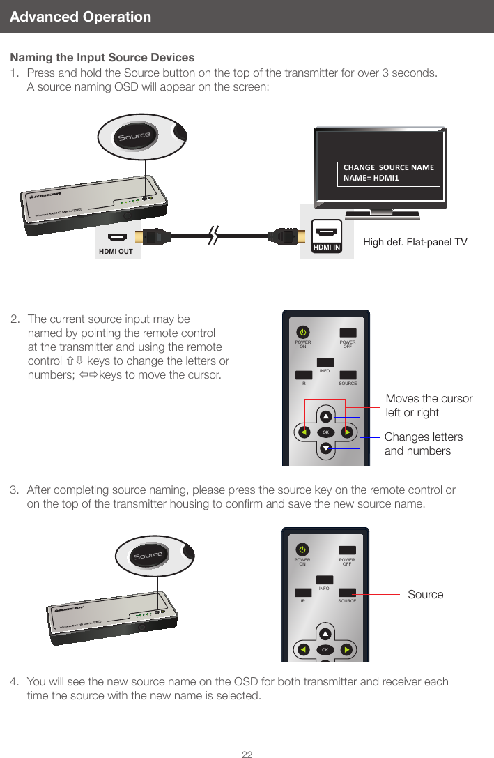 POWEROFFPOWERONINFOSOURCEIROKPOWEROFFPOWERONINFOSOURCEIROKHDMI OUTHigh def. Flat-panel TVHDMI IN22Advanced OperationNaming the Input Source Devices1.  Press and hold the Source button on the top of the transmitter for over 3 seconds.   A source naming OSD will appear on the screen:2.  The current source input may be named by pointing the remote control at the transmitter and using the remote control  keys to change the letters or numbers; keys to move the cursor.3.  After completing source naming, please press the source key on the remote control or onthetopofthetransmitterhousingtoconrmandsavethenewsourcename.4.  You will see the new source name on the OSD for both transmitter and receiver each time the source with the new name is selected.Moves the cursor left or rightChanges letters and numbersCHANGE  SOURCE NAME NAME= HDMI1Source