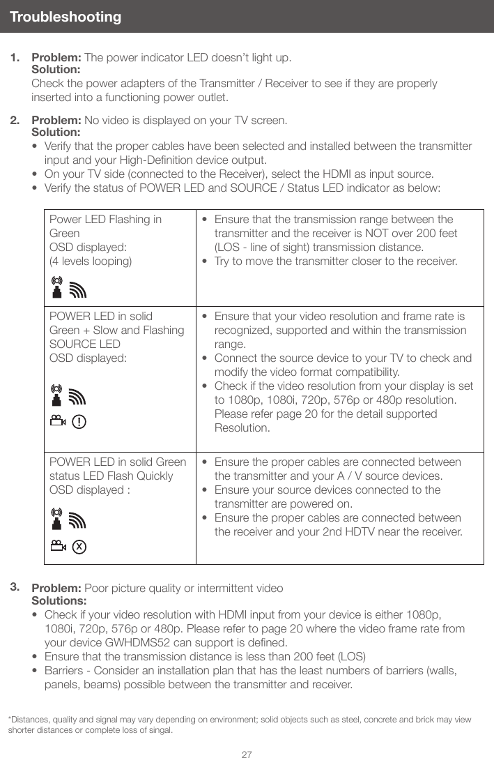 271. Problem: The power indicator LED doesn&rsquo;t light up.Solution:  Check the power adapters of the Transmitter / Receiver to see if they are properly inserted into a functioning power outlet.2. Problem: No video is displayed on your TV screen.Solution:&bull; Verify that the proper cables have been selected and installed between the transmitter inputandyourHigh-Denitiondeviceoutput.&bull; On your TV side (connected to the Receiver), select the HDMI as input source.&bull; Verify the status of POWER LED and SOURCE / Status LED indicator as below: Power LED Flashing in Green OSD displayed:  (4 levels looping)&bull; Ensure that the transmission range between the transmitter and the receiver is NOT over 200 feet (LOS - line of sight) transmission distance. &bull; Try to move the transmitter closer to the receiver.POWER LED in solid Green + Slow and Flashing SOURCE LED OSD displayed: &bull; Ensure that your video resolution and frame rate is recognized, supported and within the transmission range.&bull; Connect the source device to your TV to check and modify the video format compatibility.&bull; Check if the video resolution from your display is set to 1080p, 1080i, 720p, 576p or 480p resolution.  Please refer page 20 for the detail supported Resolution.POWER LED in solid Green status LED Flash QuicklyOSD displayed : &bull; Ensure the proper cables are connected between the transmitter and your A / V source devices.&bull; Ensure your source devices connected to the transmitter are powered on.&bull; Ensure the proper cables are connected between the receiver and your 2nd HDTV near the receiver.3. Problem: Poor picture quality or intermittent videoSolutions:&bull; Check if your video resolution with HDMI input from your device is either 1080p, 1080i, 720p, 576p or 480p. Please refer to page 20 where the video frame rate from yourdeviceGWHDMS52cansupportisdened.&bull; Ensure that the transmission distance is less than 200 feet (LOS)&bull; Barriers - Consider an installation plan that has the least numbers of barriers (walls, panels, beams) possible between the transmitter and receiver. Troubleshootingx*Distances, quality and signal may vary depending on environment; solid objects such as steel, concrete and brick may view shorter distances or complete loss of singal.