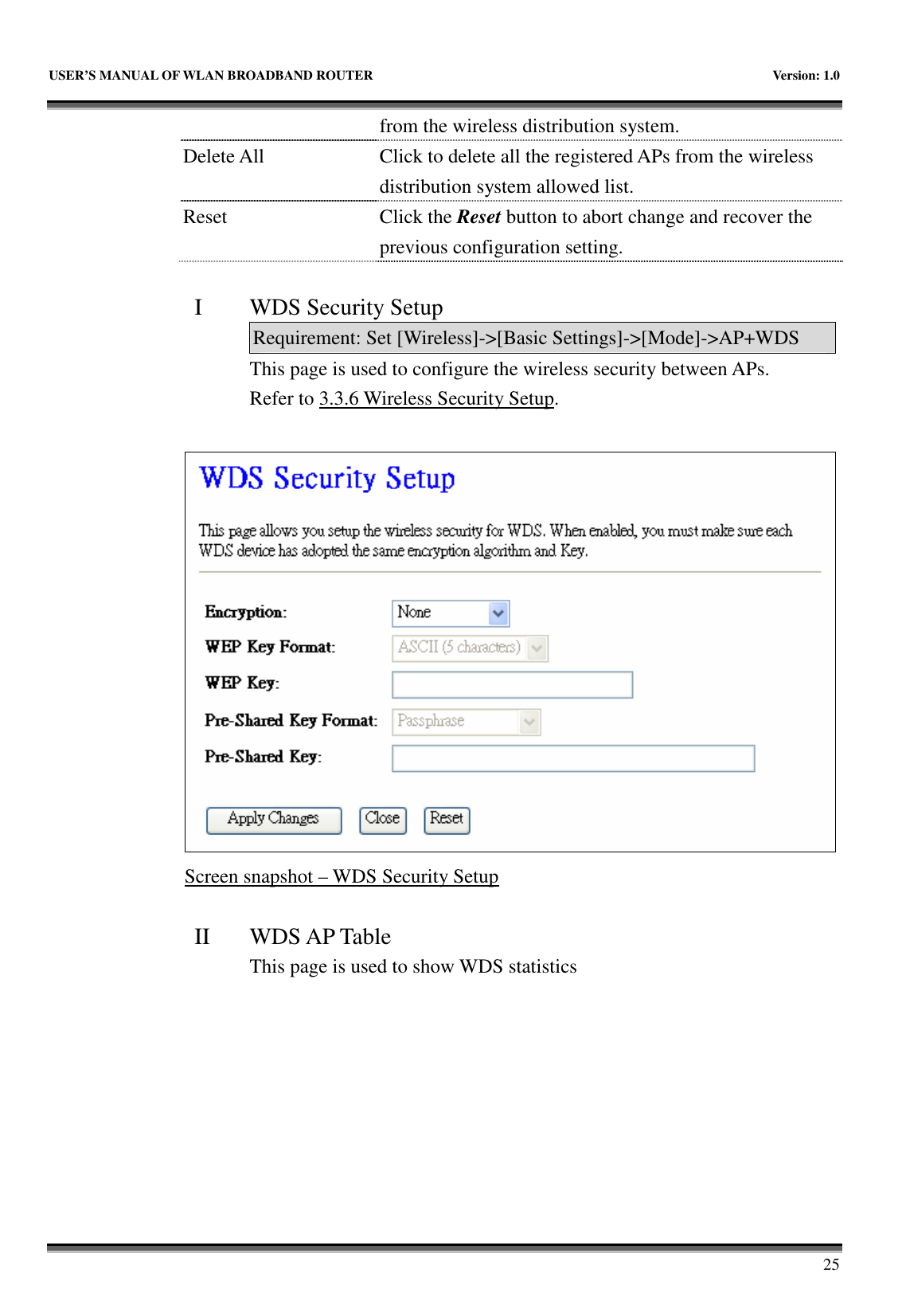   USER&rsquo;S MANUAL OF WLAN BROADBAND ROUTER    Version: 1.0       25 from the wireless distribution system. Delete All  Click to delete all the registered APs from the wireless distribution system allowed list.   Reset  Click the Reset button to abort change and recover the previous configuration setting.  I WDS Security Setup Requirement: Set [Wireless]->[Basic Settings]->[Mode]->AP+WDS This page is used to configure the wireless security between APs.   Refer to 3.3.6 Wireless Security Setup.   Screen snapshot &ndash; WDS Security Setup  II WDS AP Table This page is used to show WDS statistics  