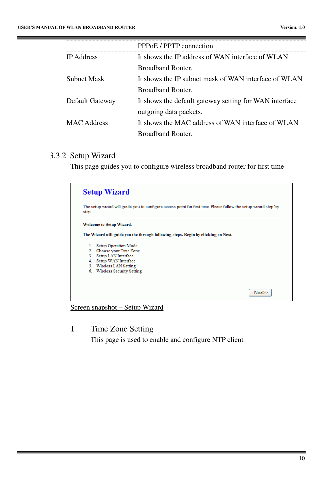   USER&rsquo;S MANUAL OF WLAN BROADBAND ROUTER    Version: 1.0        10 PPPoE / PPTP connection. IP Address It shows the IP address of WAN interface of WLAN Broadband Router. Subnet Mask It shows the IP subnet mask of WAN interface of WLAN Broadband Router. Default Gateway It shows the default gateway setting for WAN interface outgoing data packets. MAC Address It shows the MAC address of WAN interface of WLAN Broadband Router.  3.3.2 Setup Wizard This page guides you to configure wireless broadband router for first time   Screen snapshot &ndash; Setup Wizard  I Time Zone Setting This page is used to enable and configure NTP client  