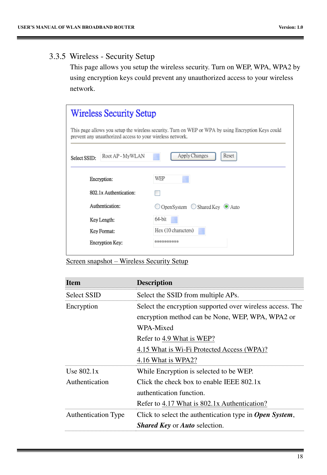   USER&rsquo;S MANUAL OF WLAN BROADBAND ROUTER    Version: 1.0        18  3.3.5 Wireless - Security Setup This page allows you setup the wireless security. Turn on WEP, WPA, WPA2 by using encryption keys could prevent any unauthorized access to your wireless network.   Screen snapshot &ndash; Wireless Security Setup  Item Description   Select SSID Select the SSID from multiple APs. Encryption Select the encryption supported over wireless access. The encryption method can be None, WEP, WPA, WPA2 or WPA-Mixed Refer to 4.9 What is WEP? 4.15 What is Wi-Fi Protected Access (WPA)? 4.16 What is WPA2? Use 802.1x Authentication While Encryption is selected to be WEP. Click the check box to enable IEEE 802.1x authentication function.   Refer to 4.17 What is 802.1x Authentication? Authentication Type Click to select the authentication type in Open System, Shared Key or Auto selection. 