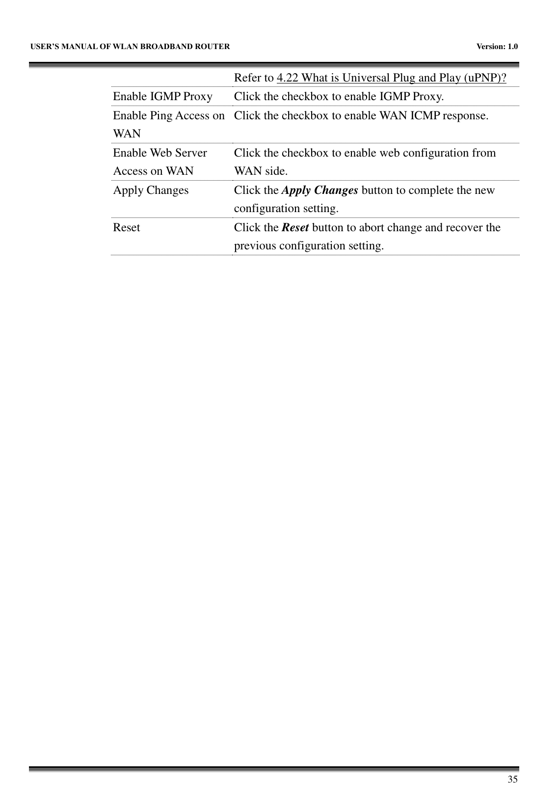   USER&rsquo;S MANUAL OF WLAN BROADBAND ROUTER    Version: 1.0        35 Refer to 4.22 What is Universal Plug and Play (uPNP)? Enable IGMP Proxy Click the checkbox to enable IGMP Proxy. Enable Ping Access on WAN Click the checkbox to enable WAN ICMP response. Enable Web Server Access on WAN Click the checkbox to enable web configuration from WAN side. Apply Changes Click the Apply Changes button to complete the new configuration setting. Reset Click the Reset button to abort change and recover the previous configuration setting.  