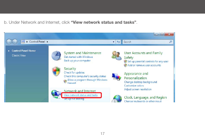 17b. Under Network and Internet, click &ldquo;View network status and tasks&rdquo;.