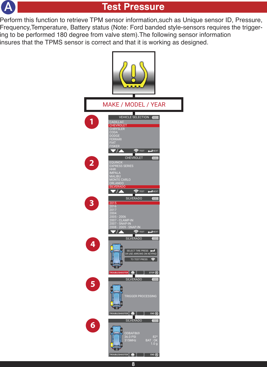 Test PressureMAKE / MODEL / YEAR123456SILVERADO/TEST    NEXT20152016201720042005 - 20062007 - CLAMP-IN2007 - SNAP-IN2008 - 2009 - SNAP-INCHEVROLET/TEST    NEXTEQUINOXEXPRESS SERIESHHRIMPALAMALIBUMONTE CARLOORLANDOSILVERADOVEHICLE SELECTION/TEST    NEXTCADILLACCHEVROLETCHRYSLERCODADODGEFERRARIFIATFISKER  SELECT TIRE PRESS    OR USE ARROWS ON KEYPADTO TEST PRESSSILVERADOTROUBLESHOOTER STOPSILVERADOTROUBLESHOOTER ENDSILVERADOTROUBLESHOOTER ENDODBAF86936.0 PSI315MHzTRIGGER PROCESSING82ºBAT : OK1.0 g8APerform this function to retrieve TPM sensor information,such as Unique sensor ID, Pressure,Frequency,Temperature, Battery status (Note: Ford banded style-sensors requires the trigger-ing to be performed 180 degree from valve stem).The following sensor informationinsures that the TPMS sensor is correct and that it is working as designed.