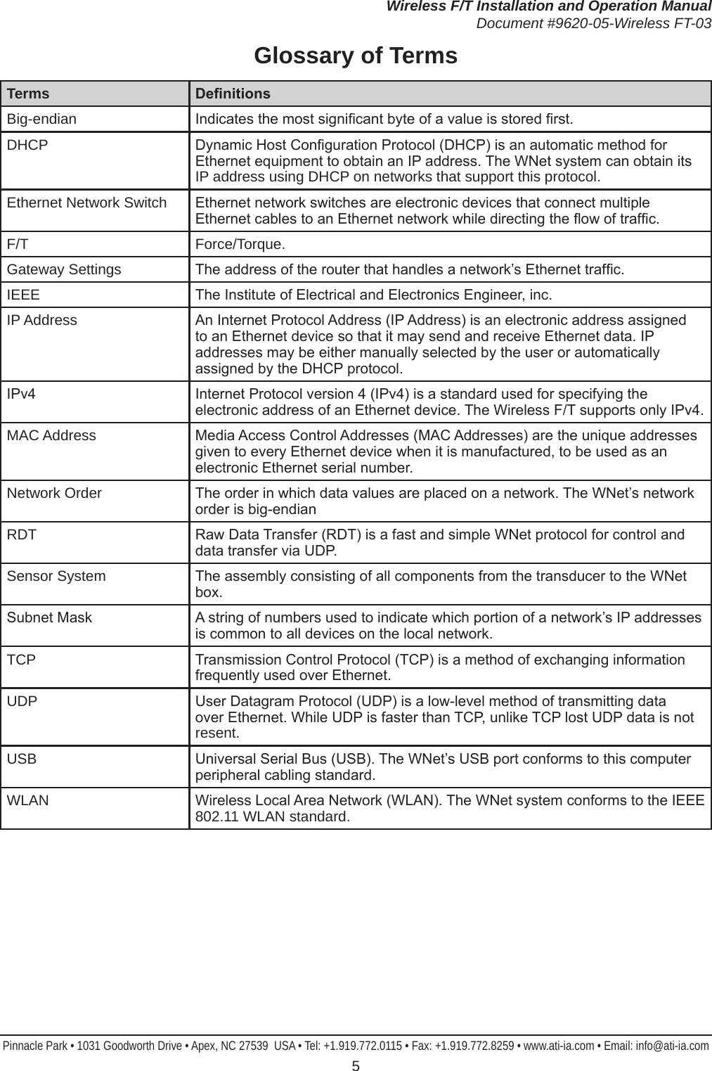 Wireless F/T Installation and Operation ManualDocument #9620-05-Wireless FT-03Pinnacle Park • 1031 Goodworth Drive • Apex, NC 27539  USA • Tel: +1.919.772.0115 • Fax: +1.919.772.8259 • www.ati-ia.com • Email: info@ati-ia.com 5Glossary of TermsTerms DenitionsBig-endian Indicates the most signicant byte of a value is stored rst.DHCP Dynamic Host Conguration Protocol (DHCP) is an automatic method for Ethernet equipment to obtain an IP address. The WNet system can obtain its IP address using DHCP on networks that support this protocol.Ethernet Network Switch Ethernet network switches are electronic devices that connect multiple Ethernet cables to an Ethernet network while directing the ow of trafc.F/T Force/Torque.Gateway Settings The address of the router that handles a network’s Ethernet trafc.IEEE The Institute of Electrical and Electronics Engineer, inc.IP Address An Internet Protocol Address (IP Address) is an electronic address assigned to an Ethernet device so that it may send and receive Ethernet data. IP addresses may be either manually selected by the user or automatically assigned by the DHCP protocol.IPv4 Internet Protocol version 4 (IPv4) is a standard used for specifying the electronic address of an Ethernet device. The Wireless F/T supports only IPv4.MAC Address Media Access Control Addresses (MAC Addresses) are the unique addresses given to every Ethernet device when it is manufactured, to be used as an electronic Ethernet serial number.Network Order The order in which data values are placed on a network. The WNet’s network order is big-endianRDT Raw Data Transfer (RDT) is a fast and simple WNet protocol for control and data transfer via UDP.Sensor System The assembly consisting of all components from the transducer to the WNet box.Subnet Mask A string of numbers used to indicate which portion of a network’s IP addresses is common to all devices on the local network.TCP Transmission Control Protocol (TCP) is a method of exchanging information frequently used over Ethernet.UDP User Datagram Protocol (UDP) is a low-level method of transmitting data over Ethernet. While UDP is faster than TCP, unlike TCP lost UDP data is not resent.USB Universal Serial Bus (USB). The WNet’s USB port conforms to this computer peripheral cabling standard.WLAN Wireless Local Area Network (WLAN). The WNet system conforms to the IEEE 802.11 WLAN standard.