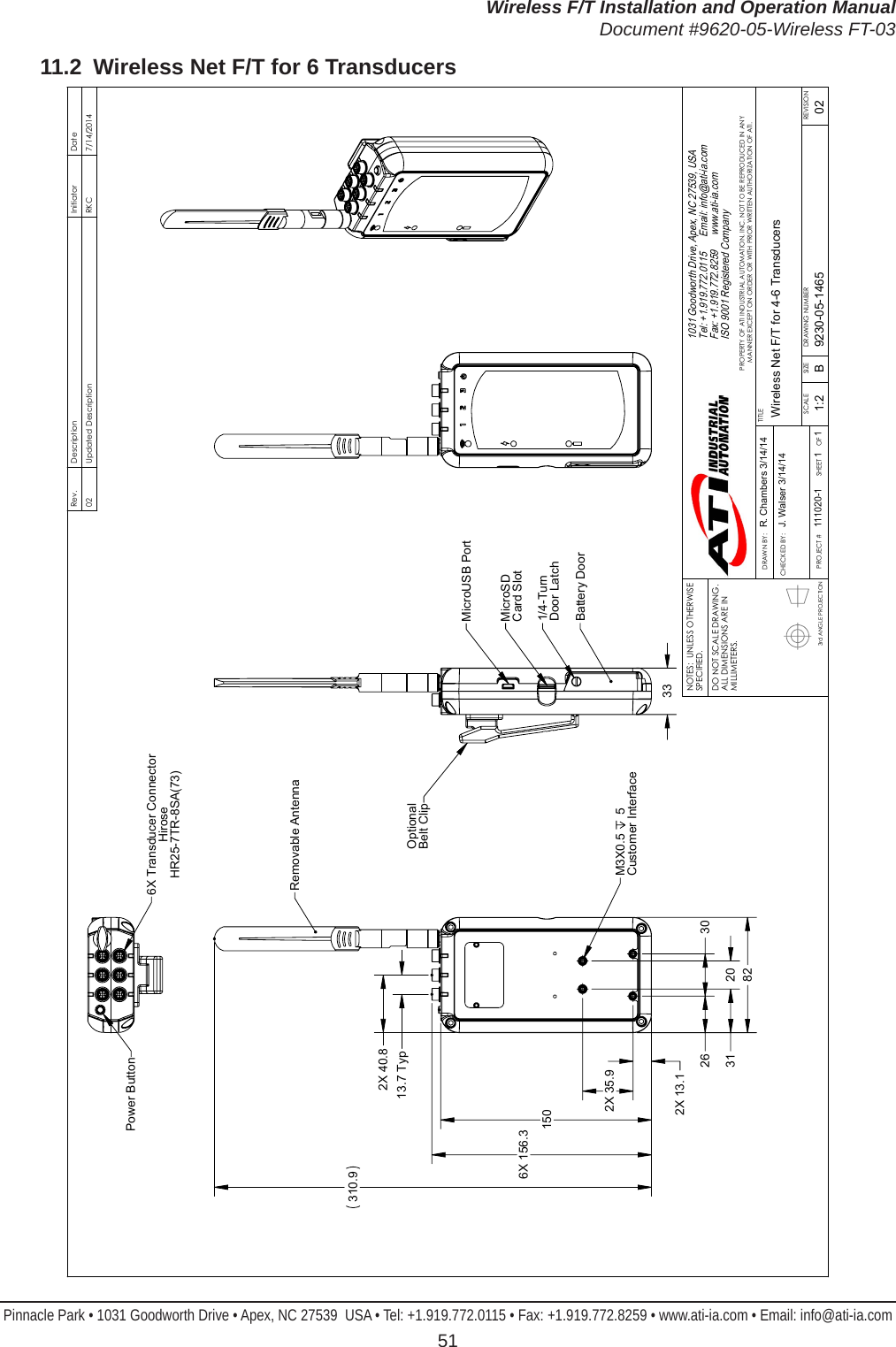 Wireless F/T Installation and Operation ManualDocument #9620-05-Wireless FT-03Pinnacle Park • 1031 Goodworth Drive • Apex, NC 27539  USA • Tel: +1.919.772.0115 • Fax: +1.919.772.8259 • www.ati-ia.com • Email: info@ati-ia.com 5111.2  Wireless Net F/T for 6 Transducers3rd ANGLE PROJECTION 31   20  82  26   30  2X 13.1  2X 35.9  150  6X 156.3  310.9  2X 40.8  13.7 Typ Removable AntennaM3X0.5  5Customer Interface 33 MicroUSB PortBattery Door1/4-Turn Door LatchOptional Belt ClipMicroSD Card SlotPower Button6X Transducer ConnectorHiroseHR25-7TR-8SA(73)Rev.DescriptionInitiatorDate02Updated DescriptionRKC7/14/2014B1:21 1REVISIONNOTES:  UNLESS OTHERWISE SPECIFIED.DO NOT SCALE DRAWING.  ALL DIMENSIONS ARE IN MILLIMETERS.DRAWN BY:CHECKED BY:R. Chambers 3/14/14J. Walser 3/14/14TITLESCALESIZEDRAWING NUMBERPROJECT #SHEET       OF 9230-05-1465111020-102PROPERTY OF ATI INDUSTRIAL AUTOMATION, INC. NOT TO BE REPRODUCED IN ANY MANNER EXCEPT ON ORDER OR WITH PRIOR WRITTEN AUTHORIZATION OF ATI.1031 Goodworth Drive, Apex, NC 27539, USATel: +1.919.772.0115      Email: info@ati-ia.comFax: +1.919.772.8259      www.ati-ia.comISO 9001 Registered Company Wireless Net F/T for 4-6 Transducers