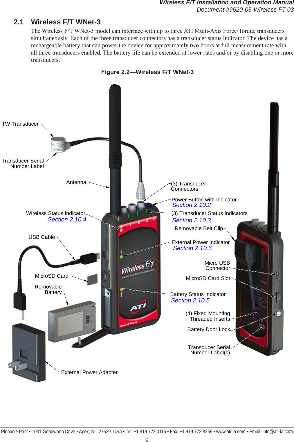 Wireless F/T Installation and Operation ManualDocument #9620-05-Wireless FT-03Pinnacle Park • 1031 Goodworth Drive • Apex, NC 27539  USA • Tel: +1.919.772.0115 • Fax: +1.919.772.8259 • www.ati-ia.com • Email: info@ati-ia.com 92.1  Wireless F/T WNet-3The Wireless F/T WNet-3 model can interface with up to three ATI Multi-Axis Force/Torque transducers simultaneously. Each of the three transducer connectors has a transducer status indicator. The device has a rechargeable battery that can power the device for approximately two hours at full measurement rate with all three transducers enabled. The battery life can be extended at lower rates and/or by disabling one or more transducers.Figure2.2—Wireless F/T WNet-3External Power AdapterRemovable BatteryUSB CableTW TransducerTransducer Serial Number LabelAntennaWireless Status Indicator(3) Transducer ConnectorsPower Button with Indicator(3) Transducer Status IndicatorsExternal Power IndicatorBattery Status IndicatorMicroSD CardTransducer Serial Number Label(s)Battery Door Lock(4) Fixed MountingThreaded InsertsMicro USB ConnectorMicroSD Card SlotRemovable Belt ClipSection 2.10.3Section 2.10.2Section 2.10.6Section 2.10.5Section 2.10.4