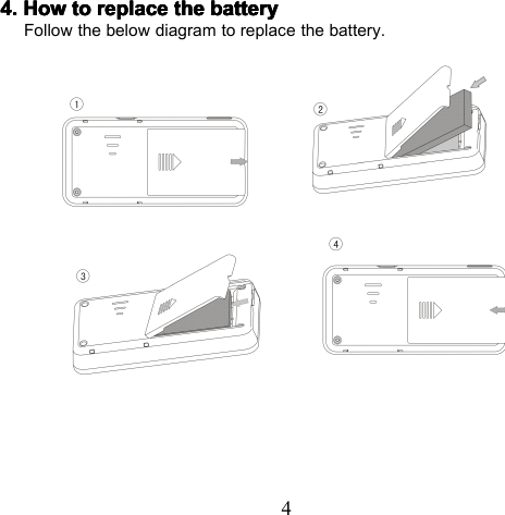 44.4.4.4. HowHowHowHow totototo replacereplacereplacereplace thethethethe batterybatterybatterybatteryFollow the below diagram to replace the battery.