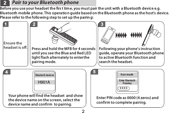 2Pair to your Bluetooth phone2Before you use your headset the firs t tim e, you must pair the unit with  a Bluetooth devic e e.g. Bluetooth mobile phone. This operatio n guide based on the Bluetooth phone as the host&apos;s  device. Ple ase refer to the follo wing step to set up the pairin g: ****Press and hold the MFB for 4 seconds until you see the Blue and Red LED light flash alternately to enterthe pairing mode.Your phone will find the headset  and show the device name on the screen, select the device name and confirm  to pairing. Enter PIN code as 0000 (4 zeros) and confirm to complete pairing. Following your phone&apos;s instruction guide, operate your Bluetooth phone to active Bluetooth function and search the headset.  Ensure th eheadset is off.Blue tooth devic es Sca n re sultsEnter Blue too thPasskey1 2 345H901A