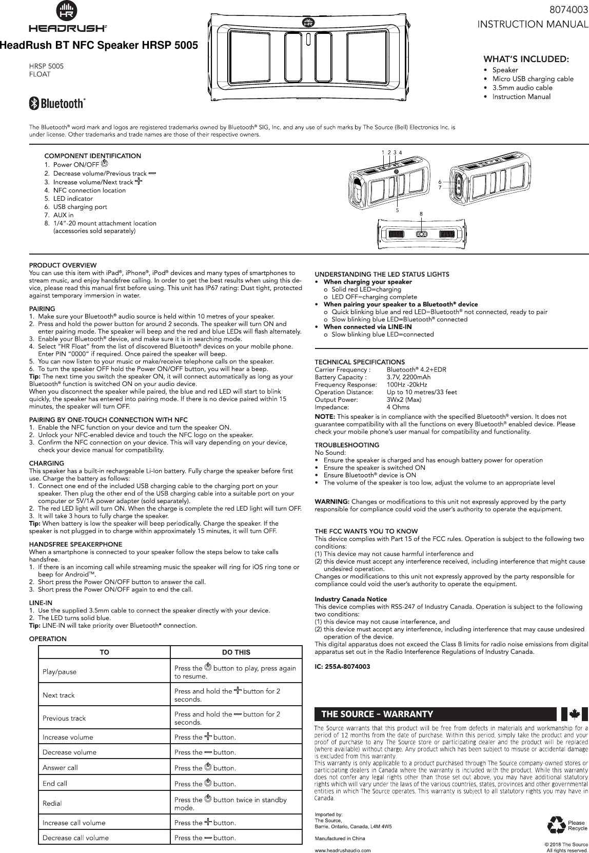 Page 1 of ATI Electronics SP084 HeadRush BT NFC Speaker HRSP 5005 User Manual 8074003 OM EN indd