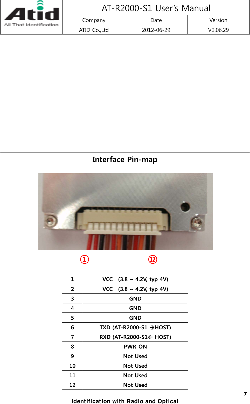 AT-R2000-S1 User’s Manual Company  Date  Version ATID Co.,Ltd  2012-06-29  V2.06.29  7 Identification with Radio and Optical       Interface Pin-map      ①            ⑫  1  VCC   (3.8 ~ 4.2V, typ 4V) 2  VCC   (3.8 ~ 4.2V, typ 4V) 3  GND 4  GND 5  GND 6  TXD (AT-R2000-S1 HOST) 7  RXD (AT-R2000-S1 HOST) 8  PWR_ON 9  Not Used 10  Not Used 11  Not Used 12  Not Used  
