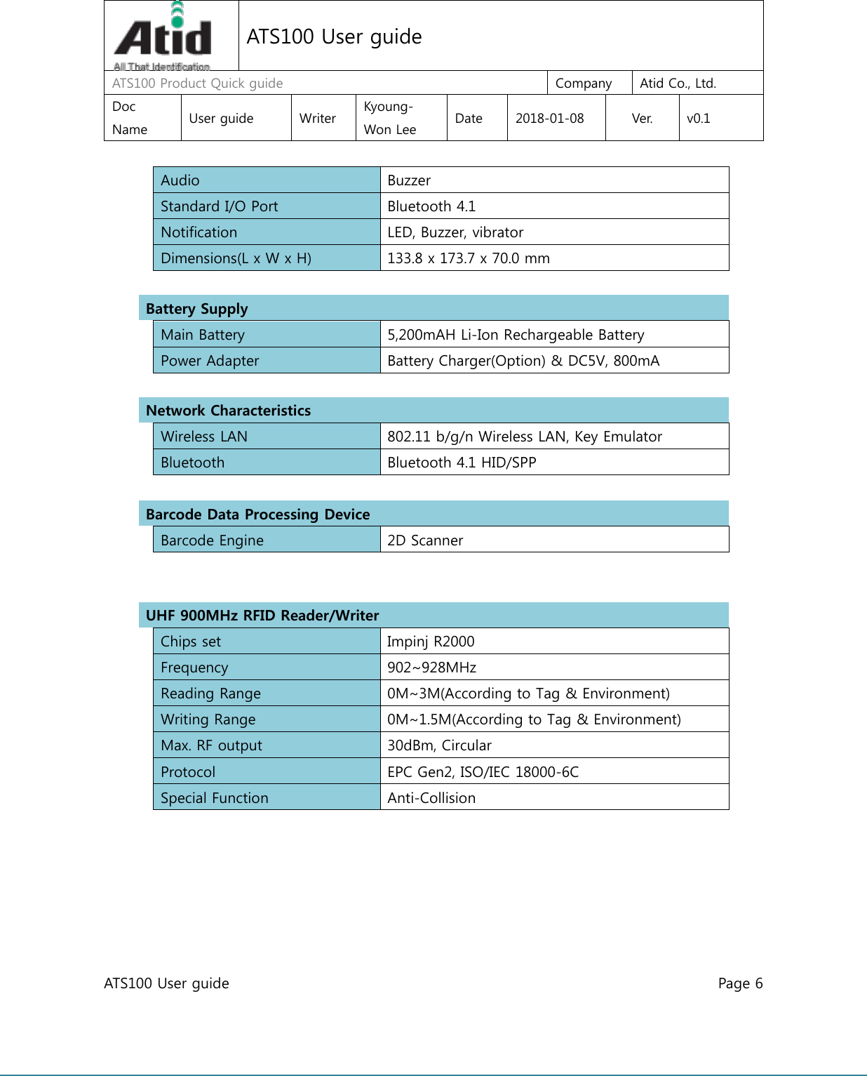  ATS100 User guide    Page 6      ATS100 User guide ATS100 Product Quick guide  Company  Atid Co., Ltd. Doc Name  User guide  Writer  Kyoung-Won Lee  Date  2018-01-08  Ver.  v0.1  Audio  Buzzer  Standard I/O Port  Bluetooth 4.1  Notification  LED, Buzzer, vibrator  Dimensions(L x W x H)  133.8 x 173.7 x 70.0 mm     Battery Supply      Main Battery  5,200mAH Li-Ion Rechargeable Battery  Power Adapter  Battery Charger(Option) &amp; DC5V, 800mA     Network Characteristics      Wireless LAN  802.11 b/g/n Wireless LAN, Key Emulator   Bluetooth  Bluetooth 4.1 HID/SPP  Barcode Data Processing Device      Barcode Engine  2D Scanner         UHF 900MHz RFID Reader/Writer   Chips set  Impinj R2000  Frequency  902~928MHz   Reading Range  0M~3M(According to Tag &amp; Environment)  Writing Range  0M~1.5M(According to Tag &amp; Environment)  Max. RF output  30dBm, Circular  Protocol  EPC Gen2, ISO/IEC 18000-6C  Special Function  Anti-Collision      