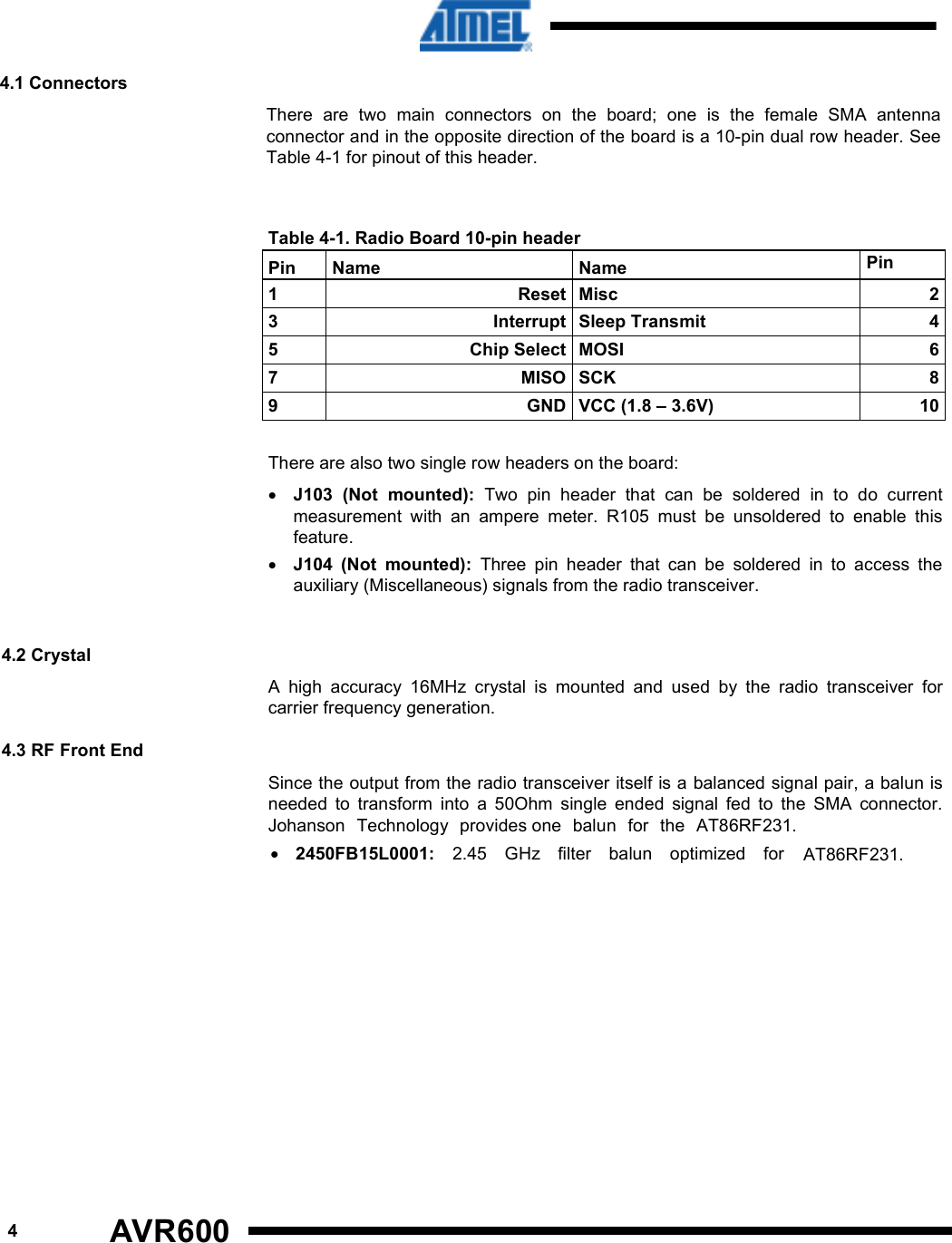 Table 4-1. Radio Board 10-pin header 4.3 RF Front End 4.2 Crystal 4.1 Connectors 4      AVR600   There  are  two  main  connectors  on  the  board;  one  is  the  female  SMA  antenna connector and in the opposite direction of the board is a 10-pin dual row header. See Table 4-1 for pinout of this header.  Johanson  Technology  provides one  balun  for  the  AT86RF231.   2.45  GHz  filter  balun  optimized  for  Pin  Name  Name  Pin 1  Reset  Misc   2 3  Interrupt  Sleep Transmit  4 5  Chip Select  MOSI  6 7  MISO  SCK  8 9  GND  VCC (1.8 – 3.6V)  10  There are also two single row headers on the board: • J103  (Not  mounted):  Two  pin  header  that  can  be  soldered  in  to  do  current measurement  with  an  ampere  meter.  R105  must  be  unsoldered  to  enable  this feature. • J104  (Not  mounted):  Three  pin  header  that  can  be  soldered  in  to  access  the auxiliary (Miscellaneous) signals from the radio transceiver.  A  high  accuracy  16MHz  crystal  is  mounted  and  used  by  the  radio  transceiver  for carrier frequency generation. Since the output from the radio transceiver itself is a balanced signal pair, a balun is needed  to  transform  into  a  50Ohm  single  ended  signal  fed  to  the  SMA  connector. • 2450FB15L0001: AT86RF231. 