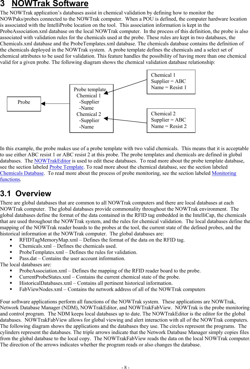  3 NOWTrak Software  The NOWTrak application’s databases assist in chemical validation by defining how to monitor the NOWPaks/probes connected to the NOWTrak computer.  When a POU is defined, the computer hardware location is associated with the IntelliProbe location on the tool.  This association information is kept in the ProbeAssociation.xml database on the local NOWTrak computer.  In the process of this definition, the probe is also associated with validation rules for the chemicals used at the probe. These rules are kept in two databases, the Chemicals.xml database and the ProbeTemplates.xml database. The chemicals database contains the definition of the chemicals deployed in the NOWTrak system.  A probe template defines the chemicals and a select set of chemical attributes to be used for validation. This feature handles the possibility of having more than one chemical valid for a given probe. The following diagram shows the chemical validation database relationship:  Probe template   Chemical 1     -Supplier     -Name   Chemical 2     -Supplier     -Name Chemical 2 Supplier = ABC Name = Resist 2 Chemical 1 Supplier = ABC Name = Resist 1 Probe               In this example, the probe makes use of a probe template with two valid chemicals.  This means that it is acceptable to use either ABC resist 1 or ABC resist 2 at this probe. The probe templates and chemicals are defined in global databases.  The NOWTrakEditor is used to edit these databases.  To read more about the probe template database, see the section labeled Probe Template. To read more about the chemical database, see the section labeled Chemicals Database.  To read more about the process of probe monitoring, see the section labeled Monitoring functions. 3.1 Overview There are global databases that are common to all NOWTrak computers and there are local databases at each NOWTrak computer.  The global databases provide commonality throughout the NOWTrak environment.  The global databases define the format of the data contained in the RFID tag embedded in the IntelliCap, the chemicals that are used throughout the NOWTrak system, and the rules for chemical validation.  The local databases define the mapping of the NOWTrak reader boards to the probes at the tool, the current state of the defined probes, and the historical information at the NOWTrak computer.  The global databases are:   RFIDTagMemoryMap.xml – Defines the format of the data on the RFID tag.   Chemicals.xml – Defines the chemicals used.   ProbeTemplates.xml – Defines the rules for validation.   Pass.dat – Contains the user account information. The local databases are:   ProbeAssociation.xml – Defines the mapping of the RFID reader board to the probe.   CurrentProbeStates.xml – Contains the current chemical state of the probe.   HistoricalDatabases.xml – Contains all pertinent historical information.   FabViewNodes.xml – Contains the network address of all of the NOWTrak computers  Four software applications perform all functions of the NOWTrak system.  These applications are NOWTrak, Network Database Manager (NDM), NOWTrakEditor, and NOWTrakFabView.  NOWTrak is the probe monitoring and control program.  The NDM keeps local databases up to date. The NOWTrakEditor is the editor for the global databases.  NOWTrakFabView allows for global viewing and alert interaction with all of the NOWTrak computers.  The following diagram shows the applications and the databases they use. The circles represent the programs.  The cylinders represent the databases. The triple arrows indicate that the Network Database Manager simply copies files from the global database to the local copy.  The NOWTrakFabView reads the data on the local NOWTrak computer.  The direction of the arrows indicates whether the program reads or also changes the database. - 8 - 