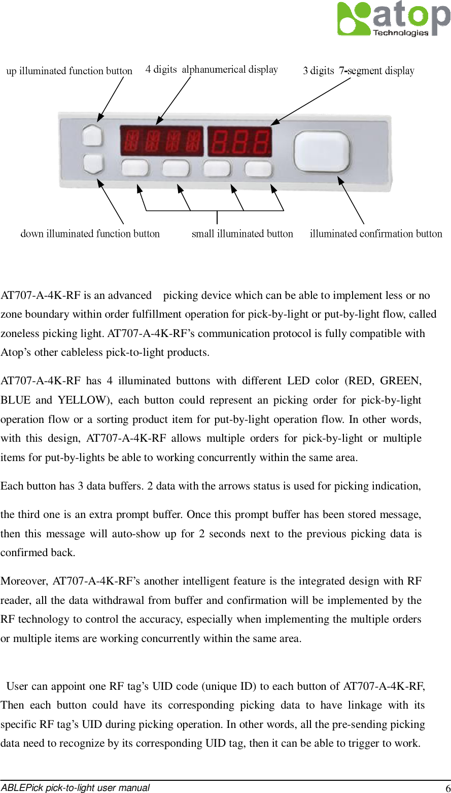  ABLEPick pick-to-light user manual 6     AT707-A-4K-RF is an advanced  picking device which can be able to implement less or no zone boundary within order fulfillment operation for pick-by-light or put-by-light flow, called zoneless picking light. AT707-A-4K-RF’s communication protocol is fully compatible with Atop’s other cableless pick-to-light products.  AT707-A-4K-RF has 4 illuminated buttons with different LED color (RED, GREEN, BLUE and YELLOW), each button could represent an picking order for pick-by-light operation flow or a sorting product item for put-by-light operation flow. In other words, with this design, AT707-A-4K-RF allows multiple orders for pick-by-light or multiple items for put-by-lights be able to working concurrently within the same area.  Each button has 3 data buffers. 2 data with the arrows status is used for picking indication,  the third one is an extra prompt buffer. Once this prompt buffer has been stored message, then this message will auto-show up for 2 seconds next to the previous picking data is confirmed back.  Moreover, AT707-A-4K-RF’s another intelligent feature is the integrated design with RF reader, all the data withdrawal from buffer and confirmation will be implemented by the RF technology to control the accuracy, especially when implementing the multiple orders or multiple items are working concurrently within the same area.      User can appoint one RF tag’s UID code (unique ID) to each button of AT707-A-4K-RF, Then each button could have its corresponding picking data to have linkage with its specific RF tag’s UID during picking operation. In other words, all the pre-sending picking data need to recognize by its corresponding UID tag, then it can be able to trigger to work.   