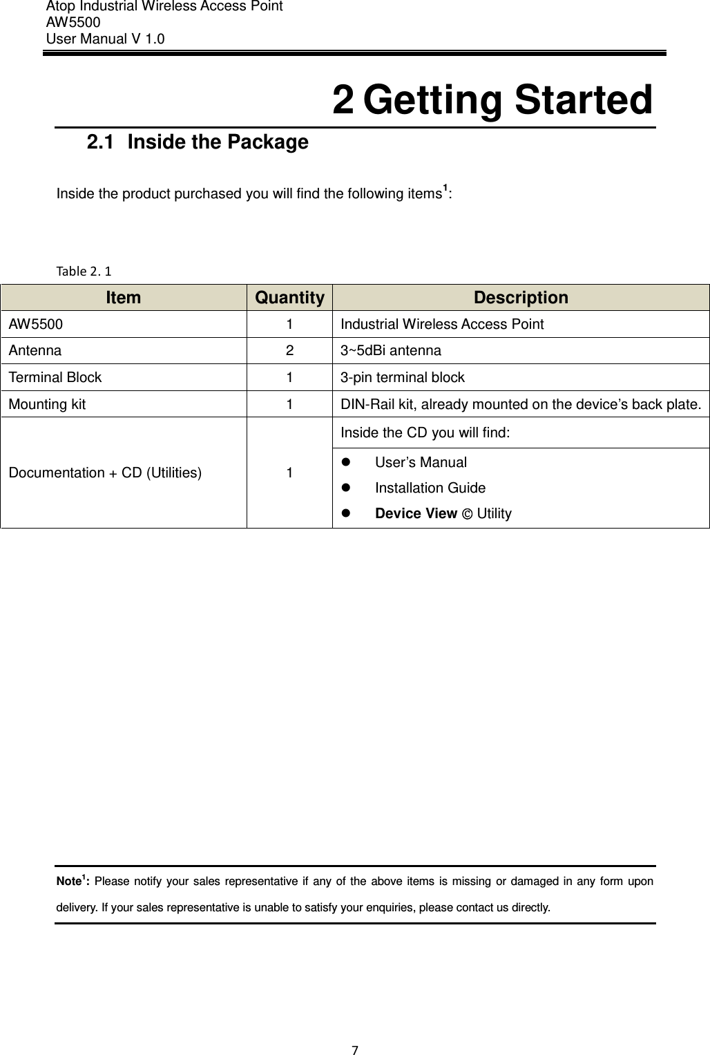 Atop Industrial Wireless Access Point AW 5500 User Manual V 1.0                      7  2 Getting Started 2.1  Inside the Package  Inside the product purchased you will find the following items1:   Table 2. 1 Item Quantity Description AW5500 1 Industrial Wireless Access Point Antenna 2 3~5dBi antenna Terminal Block 1 3-pin terminal block Mounting kit 1 DIN-Rail kit, already mounted on the device’s back plate. Documentation + CD (Utilities) 1 Inside the CD you will find:   User’s Manual   Installation Guide  Device View © Utility              Note1: Please  notify  your sales  representative if  any  of  the  above items  is  missing  or  damaged  in  any  form  upon delivery. If your sales representative is unable to satisfy your enquiries, please contact us directly.    