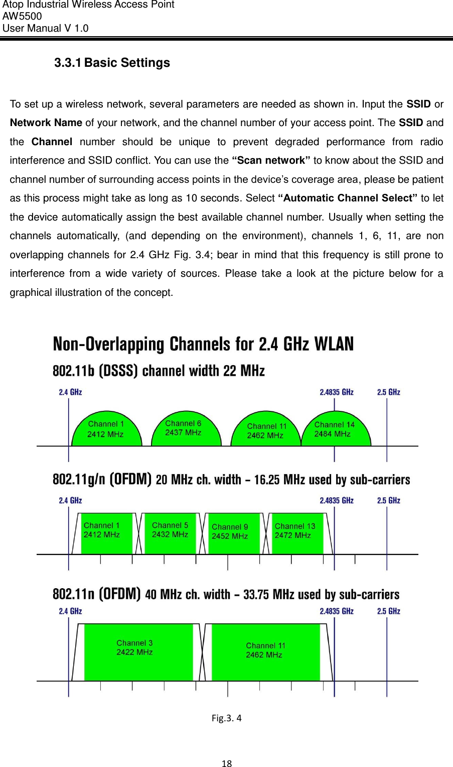 Atop Industrial Wireless Access Point AW 5500 User Manual V 1.0                      18  3.3.1 Basic Settings    To set up a wireless network, several parameters are needed as shown in. Input the SSID or Network Name of your network, and the channel number of your access point. The SSID and the  Channel  number  should  be  unique  to  prevent  degraded  performance  from  radio interference and SSID conflict. You can use the “Scan network” to know about the SSID and channel number of surrounding access points in the device’s coverage area, please be patient as this process might take as long as 10 seconds. Select “Automatic Channel Select” to let the device automatically assign the best available channel number.  Usually when setting the channels  automatically,  (and  depending  on  the  environment),  channels  1,  6,  11,  are  non overlapping  channels  for  2.4 GHz  Fig.  3.4;  bear  in  mind  that this  frequency  is  still  prone  to interference  from  a  wide  variety  of  sources.  Please  take  a  look  at  the  picture  below  for  a graphical illustration of the concept.   Fig.3. 4  