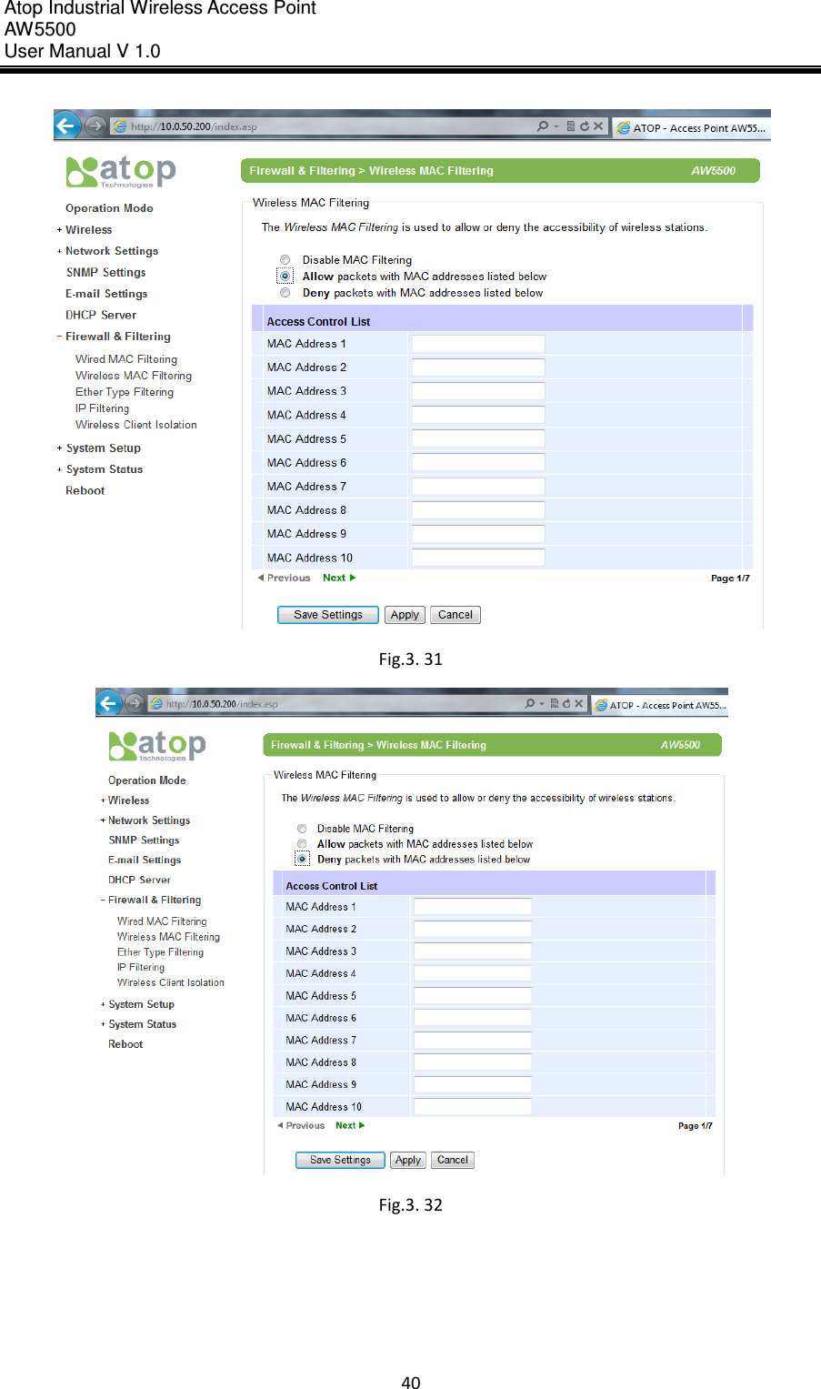 Atop Industrial Wireless Access Point AW 5500 User Manual V 1.0                      40   Fig.3. 31  Fig.3. 32    