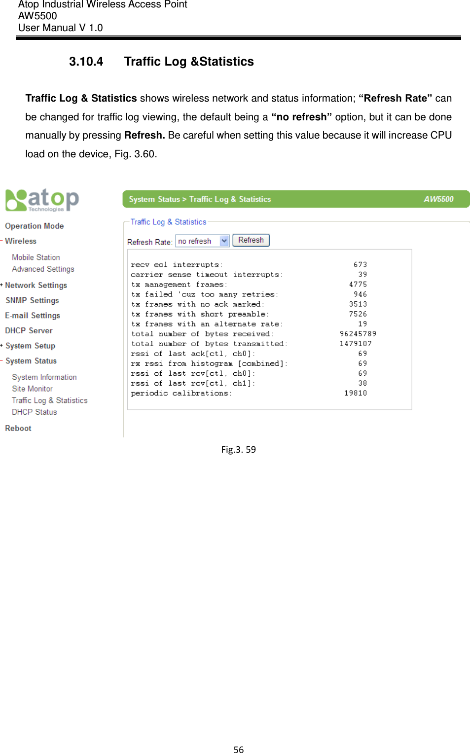 Atop Industrial Wireless Access Point AW 5500 User Manual V 1.0                      56  3.10.4  Traffic Log &amp;Statistics  Traffic Log &amp; Statistics shows wireless network and status information; “Refresh Rate” can be changed for traffic log viewing, the default being a “no refresh” option, but it can be done manually by pressing Refresh. Be careful when setting this value because it will increase CPU load on the device, Fig. 3.60.   Fig.3. 59     