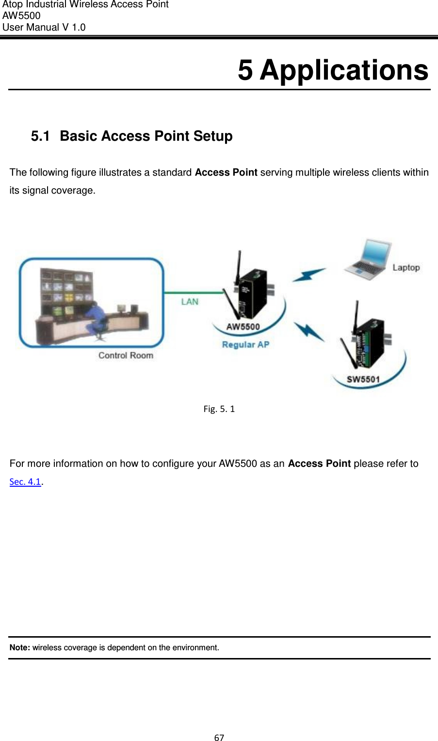 Atop Industrial Wireless Access Point AW 5500 User Manual V 1.0                      67  5 Applications   5.1  Basic Access Point Setup  The following figure illustrates a standard Access Point serving multiple wireless clients within its signal coverage.    Fig. 5. 1   For more information on how to configure your AW5500 as an Access Point please refer to Sec. 4.1.         Note: wireless coverage is dependent on the environment.     