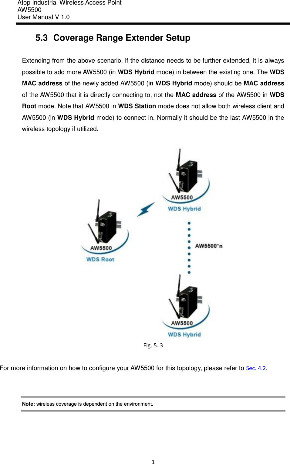 Atop Industrial Wireless Access Point AW 5500 User Manual V 1.0                      1  5.3  Coverage Range Extender Setup  Extending from the above scenario, if the distance needs to be further extended, it is always possible to add more AW5500 (in WDS Hybrid mode) in between the existing one. The WDS MAC address of the newly added AW5500 (in WDS Hybrid mode) should be MAC address of the AW5500 that it is directly connecting to, not the MAC address of the AW5500 in WDS Root mode. Note that AW5500 in WDS Station mode does not allow both wireless client and AW5500 (in WDS Hybrid mode) to connect in. Normally it should be the last AW5500 in the wireless topology if utilized.   Fig. 5. 3  For more information on how to configure your AW5500 for this topology, please refer to Sec. 4.2.   Note: wireless coverage is dependent on the environment.   