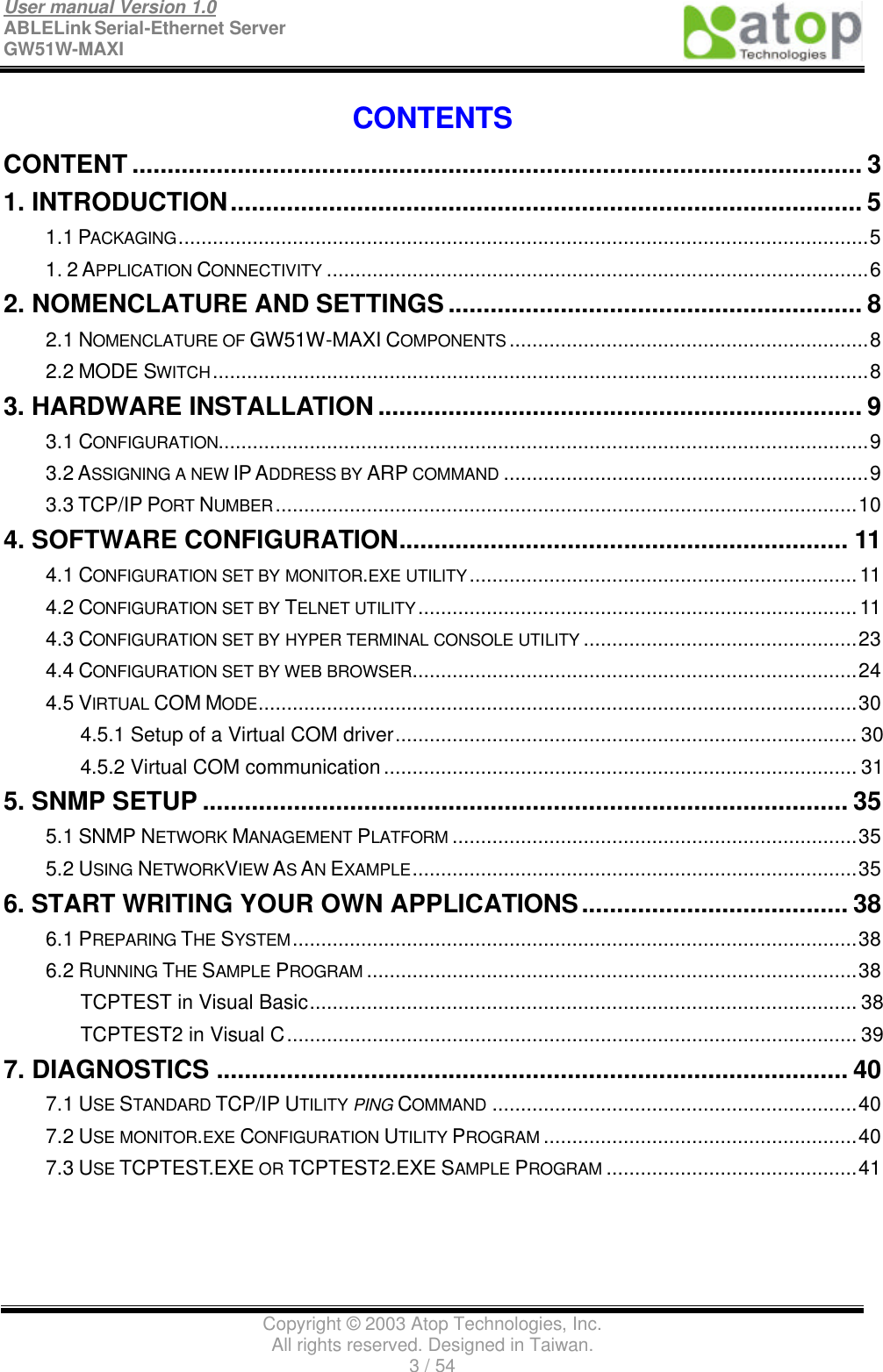 User manual Version 1.0 ABLELink Serial-Ethernet Server   GW51W-MAXI                                                                 Copyright © 2003 Atop Technologies, Inc. All rights reserved. Designed in Taiwan. 3 / 54   CONTENTS CONTENT ........................................................................................................ 3 1. INTRODUCTION.......................................................................................... 5 1.1 PACKAGING.........................................................................................................................5 1. 2 APPLICATION CONNECTIVITY ...............................................................................................6 2. NOMENCLATURE AND SETTINGS........................................................... 8 2.1 NOMENCLATURE OF GW51W-MAXI COMPONENTS ...............................................................8 2.2 MODE SWITCH...................................................................................................................8 3. HARDWARE INSTALLATION..................................................................... 9 3.1 CONFIGURATION..................................................................................................................9 3.2 ASSIGNING A NEW IP ADDRESS BY ARP COMMAND ................................................................9 3.3 TCP/IP PORT NUMBER......................................................................................................10 4. SOFTWARE CONFIGURATION................................................................ 11 4.1 CONFIGURATION SET BY MONITOR.EXE UTILITY....................................................................11 4.2 CONFIGURATION SET BY TELNET UTILITY .............................................................................11 4.3 CONFIGURATION SET BY HYPER TERMINAL CONSOLE UTILITY ................................................23 4.4 CONFIGURATION SET BY WEB BROWSER..............................................................................24 4.5 VIRTUAL COM MODE.........................................................................................................30 4.5.1 Setup of a Virtual COM driver................................................................................. 30 4.5.2 Virtual COM communication................................................................................... 31 5. SNMP SETUP ............................................................................................ 35 5.1 SNMP NETWORK MANAGEMENT PLATFORM .......................................................................35 5.2 USING NETWORKVIEW AS AN EXAMPLE..............................................................................35 6. START WRITING YOUR OWN APPLICATIONS...................................... 38 6.1 PREPARING THE SYSTEM...................................................................................................38 6.2 RUNNING THE SAMPLE PROGRAM ......................................................................................38 TCPTEST in Visual Basic................................................................................................ 38 TCPTEST2 in Visual C.................................................................................................... 39 7. DIAGNOSTICS .......................................................................................... 40 7.1 USE STANDARD TCP/IP UTILITY PING COMMAND ................................................................40 7.2 USE MONITOR.EXE CONFIGURATION UTILITY PROGRAM .......................................................40 7.3 USE TCPTEST.EXE OR TCPTEST2.EXE SAMPLE PROGRAM ............................................41 