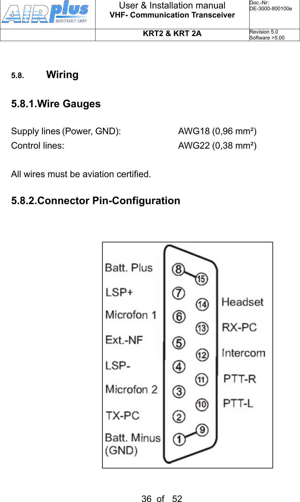 5.8. Wiring5.8.1.Wire GaugesSupply lines (Power, GND):  AWG18 (0,96 mm²) Control lines:  AWG22 (0,38 mm²)All wires must be aviation certified.5.8.2.Connector Pin-ConfigurationUser &amp; Installation manualVHF- Communication TransceiverDoc.-Nr:DE-3000-800100eKRT2 &amp; KRT 2ARevision 5.0Software &gt;5.0036  of   52