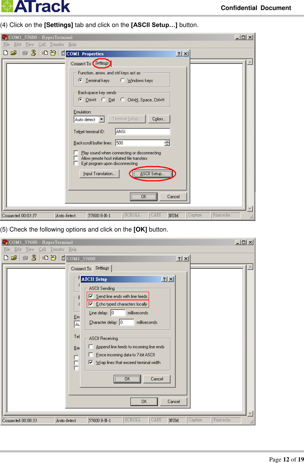         Confidential  Document   Page 12 of 19  (4) Click on the [Settings] tab and click on the [ASCII Setup…] button.  (5) Check the following options and click on the [OK] button.  