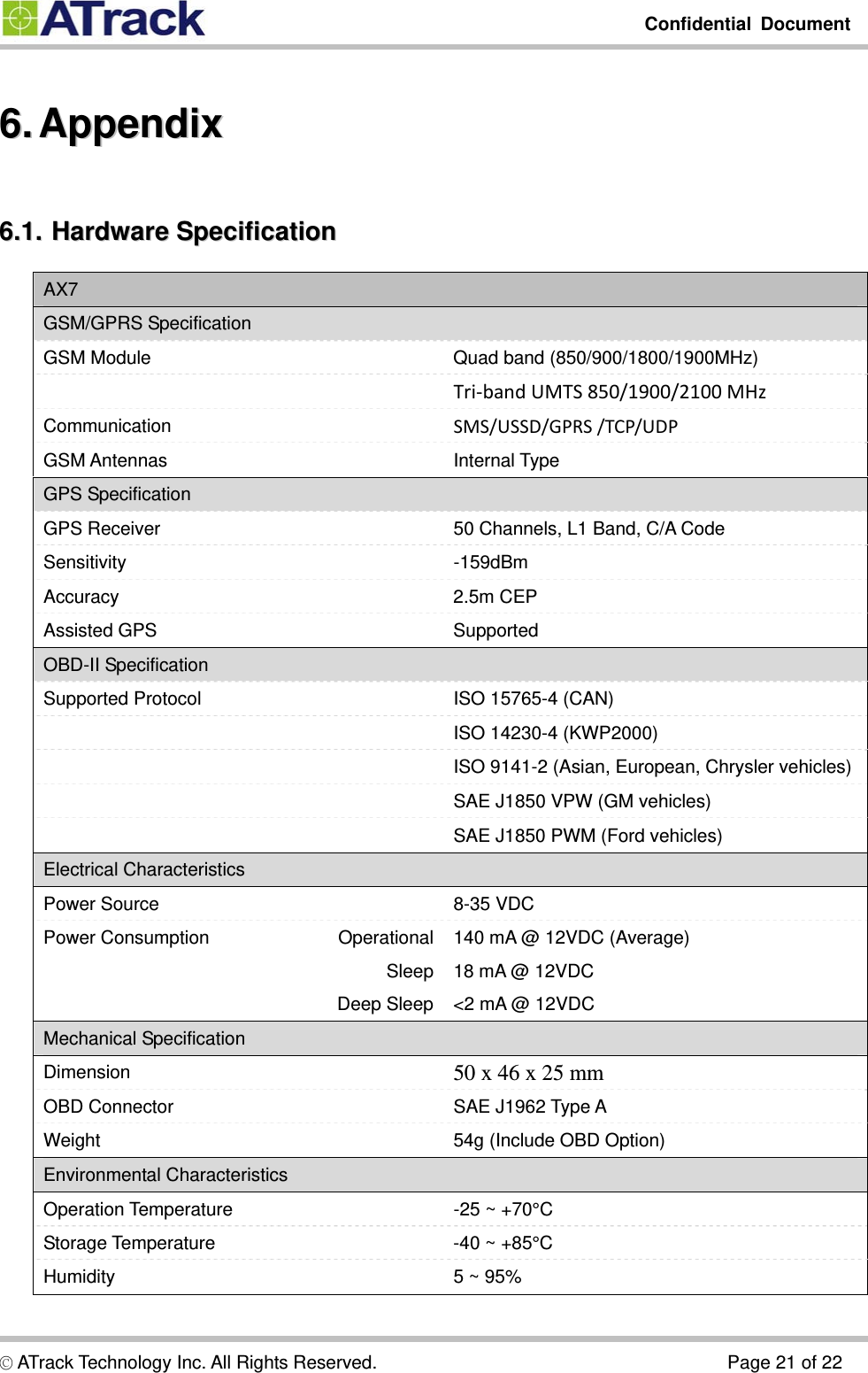         Confidential Document  © ATrack Technology Inc. All Rights Reserved.                                      Page 21 of 22 66..  AAppppeennddiixx  66..11..  HHaarrddwwaarree  SSppeecciiffiiccaattiioonn  AX7 GSM/GPRS Specification GSM Module  Quad band (850/900/1800/1900MHz)  Tri‐bandUMTS850/1900/2100MHz Communication  SMS/USSD/GPRS/TCP/UDP GSM Antennas  Internal Type GPS Specification GPS Receiver  50 Channels, L1 Band, C/A Code Sensitivity -159dBm Accuracy 2.5m CEP Assisted GPS  Supported OBD-II Specification Supported Protocol  ISO 15765-4 (CAN)  ISO 14230-4 (KWP2000)   ISO 9141-2 (Asian, European, Chrysler vehicles)  SAE J1850 VPW (GM vehicles)   SAE J1850 PWM (Ford vehicles) Electrical Characteristics Power Source  8-35 VDC Power Consumption  Operational 140 mA @ 12VDC (Average)   Sleep 18 mA @ 12VDC   Deep Sleep &lt;2 mA @ 12VDC Mechanical Specification Dimension   50 x 46 x 25 mm OBD Connector  SAE J1962 Type A Weight  54g (Include OBD Option) Environmental Characteristics Operation Temperature  -25 ~ +70°C Storage Temperature  -40 ~ +85°C Humidity  5 ~ 95%  