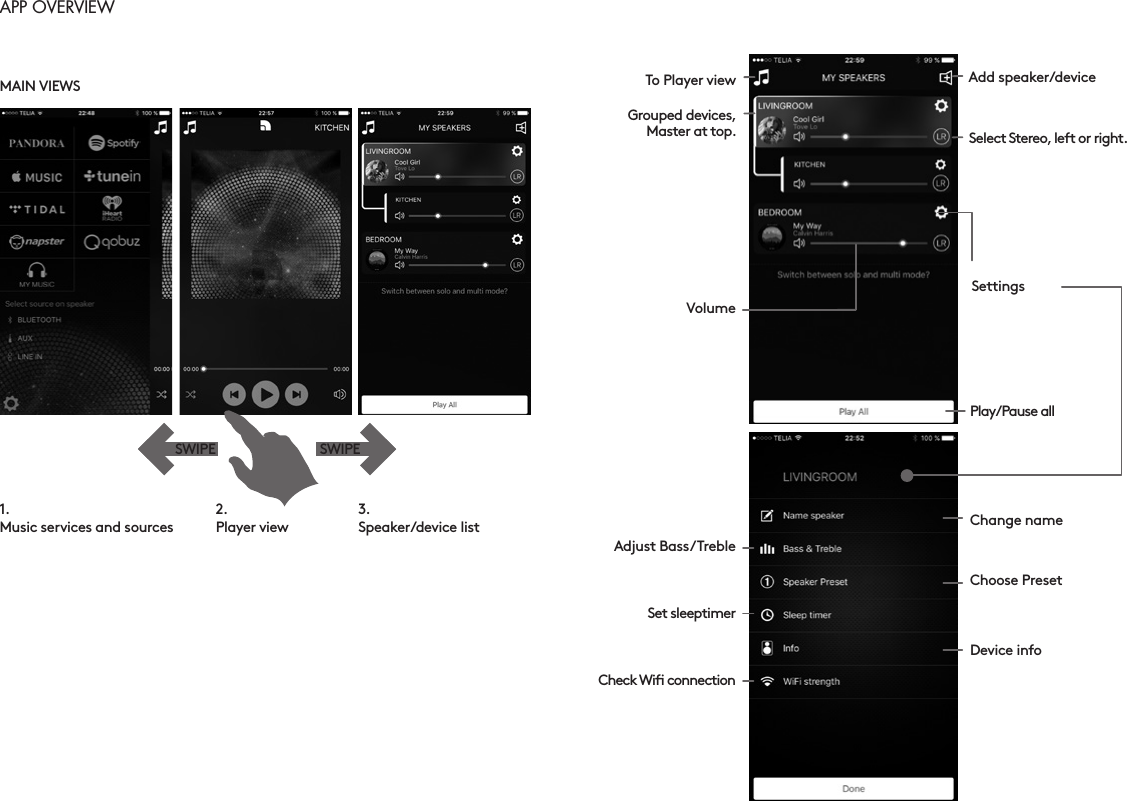 SWIPESWIPEAPP OVERVIEW  1. Music services and sources2. Player view3. Speaker/device listMAIN VIEWSSettingsPlay/Pause allChange name Set sleeptimerCheck Wiﬁ connectionChoose Preset Device infoSelect Stereo, left or right.Grouped devices, Master at top.Add speaker/deviceVolumeTo Player viewAdjust Bass/Treble 