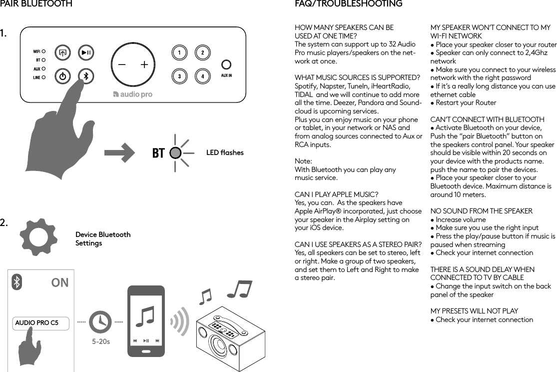 FAQ/TROUBLESHOOTINGHOW MANY SPEAKERS CAN BE  USED AT ONE TIME?The system can support up to 32 Audio Pro music players/speakers on the net-work at once.WHAT MUSIC SOURCES IS SUPPORTED?Spotify, Napster, TuneIn, iHeartRadio, TIDAL  and we will continue to add more all the time. Deezer, Pandora and Sound-cloud is upcoming services.Plus you can enjoy music on your phone or tablet, in your network or NAS and from analog sources connected to Aux or RCA inputs.Note: With Bluetooth you can play any  music service.CAN I PLAY APPLE MUSIC?Yes, you can.  As the speakers have  Apple AirPlay® incorporated, just choose your speaker in the Airplay setting on your iOS device.CAN I USE SPEAKERS AS A STEREO PAIR?Yes, all speakers can be set to stereo, left or right. Make a group of two speakers, and set them to Left and Right to make a stereo pair.MY SPEAKER WON’T CONNECT TO MY WIFI NETWORK• Place your speaker closer to your router• Speaker can only connect to 2,4Ghz network • Make sure you connect to your wireless network with the right password• If it’s a really long distance you can use ethernet cable• Restart your RouterCAN’T CONNECT WITH BLUETOOTH• Activate Bluetooth on your device, Push the “pair Bluetooth” button on the speakers control panel. Your speaker should be visible within 20 seconds on your device with the products name. push the name to pair the devices.• Place your speaker closer to your Bluetooth device. Maximum distance is around 10 meters.NO SOUND FROM THE SPEAKER• Increase volume• Make sure you use the right input• Press the play/pause button if music is paused when streaming• Check your internet connectionTHERE IS A SOUND DELAY WHEN  CONNECTED TO TV BY CABLE• Change the input switch on the back panel of the speakerMY PRESETS WILL NOT PLAY• Check your internet connectionPAIR BLUETOOTHLED ﬂashes Device Bluetooth Settings1.2.5-20sAUDIO PRO C5