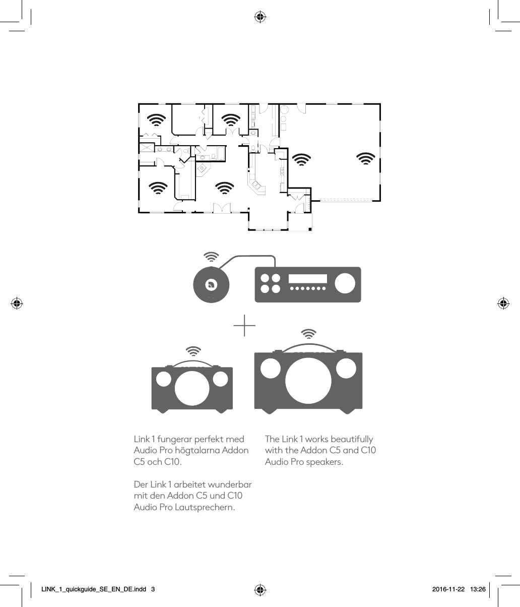 Link 1 fungerar perfekt med Audio Pro högtalarna Addon C5 och C10.Der Link 1 arbeitet wunderbar mit den Addon C5 und C10 Audio Pro Lautsprechern.The Link 1 works beautifully with the Addon C5 and C10 Audio Pro speakers.+LINK_1_quickguide_SE_EN_DE.indd   3 2016-11-22   13:26